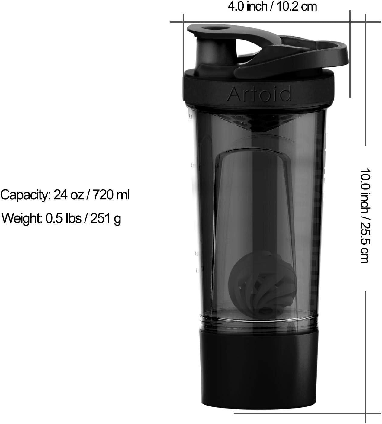 image:imageArtoid Mode Shaker Protines Avec compartiment poudre Boissons sportives Lavage la main RoseVert 720ml tamis Boule en Spirale Organisateur 200ml Complments alimentaires Sans BPANoirGris