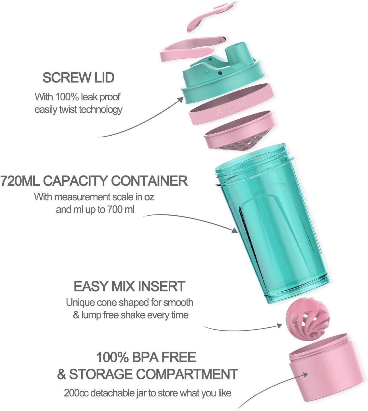 image:imageArtoid Mode Shaker Protines Avec compartiment poudre Boissons sportives Lavage la main RoseVert 720ml tamis Boule en Spirale Organisateur 200ml Complments alimentaires Sans BPARoseVert