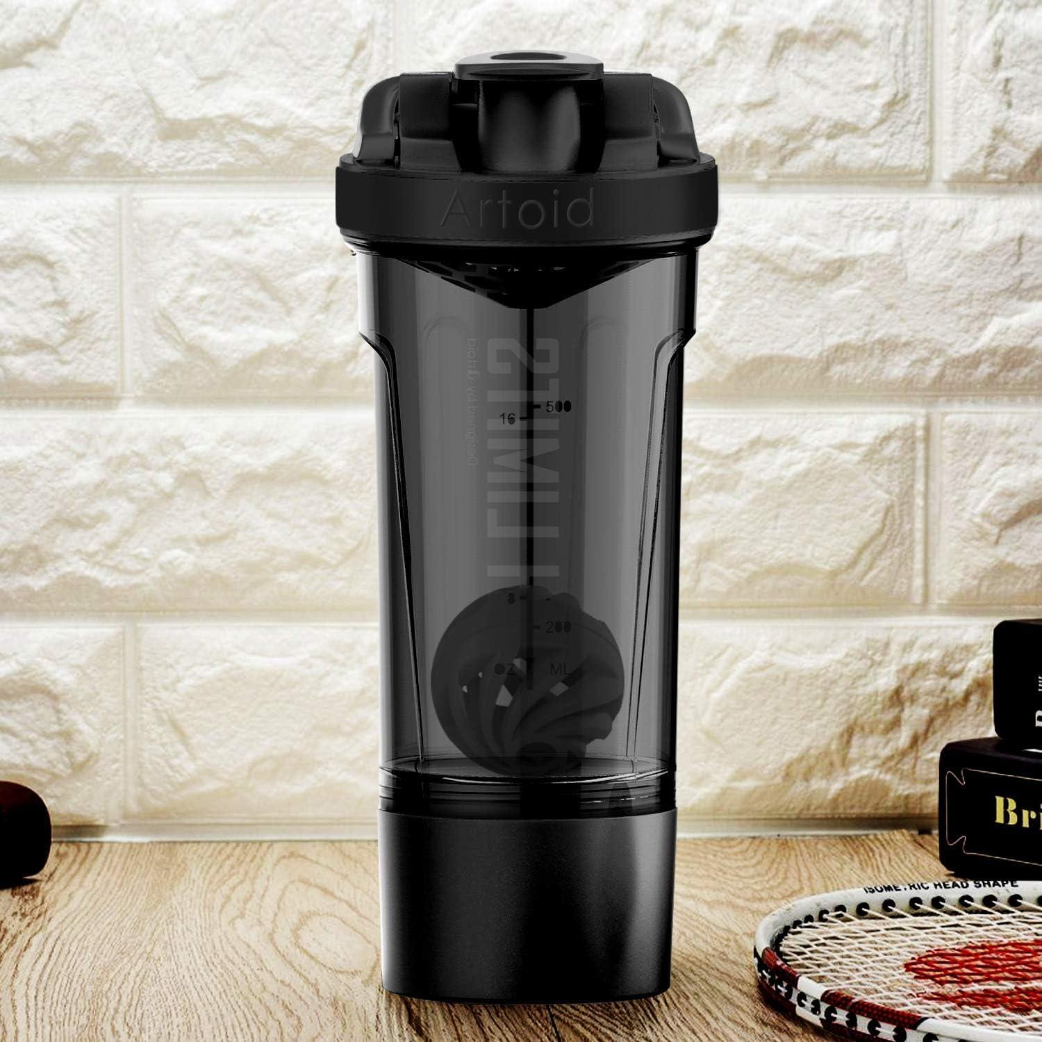 image:imageArtoid Mode Shaker Protines Avec compartiment poudre Boissons sportives Lavage la main RoseVert 720ml tamis Boule en Spirale Organisateur 200ml Complments alimentaires Sans BPANoirGris