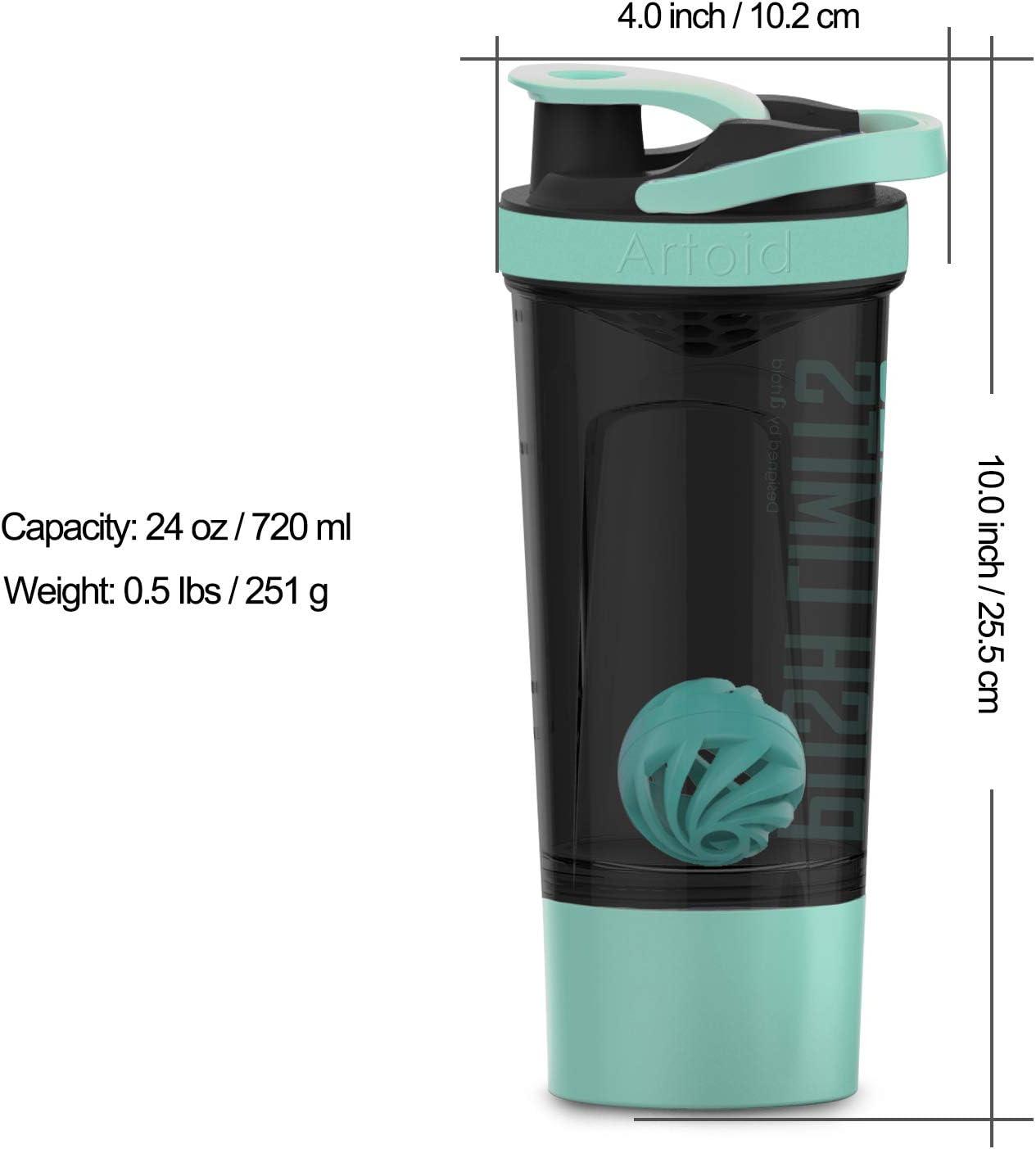 image:imageArtoid Mode Shaker Protines Avec compartiment poudre Boissons sportives Lavage la main RoseVert 720ml tamis Boule en Spirale Organisateur 200ml Complments alimentaires Sans BPAVertNoir
