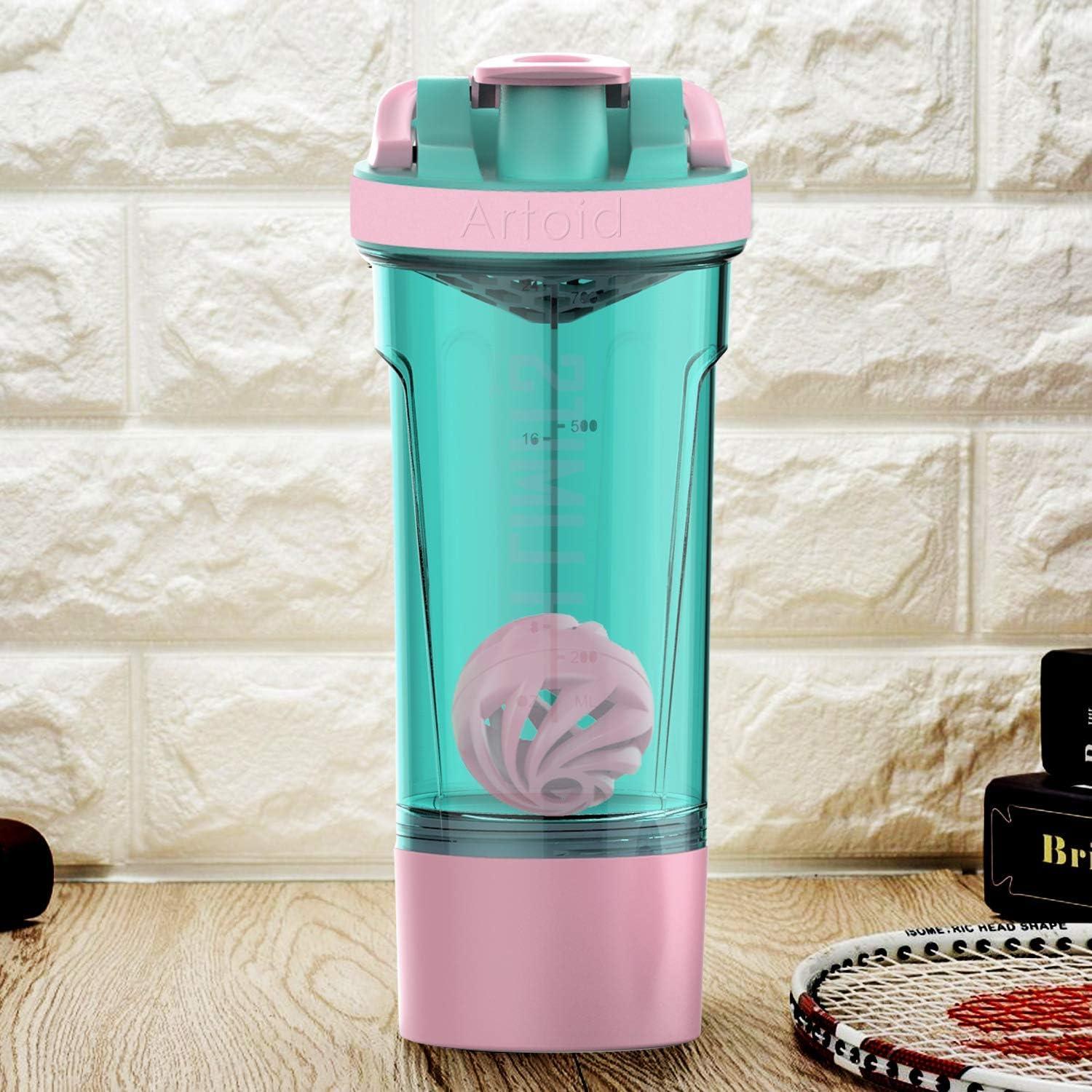 image:imageArtoid Mode Shaker Protines Avec compartiment poudre Boissons sportives Lavage la main RoseVert 720ml tamis Boule en Spirale Organisateur 200ml Complments alimentaires Sans BPARoseVert