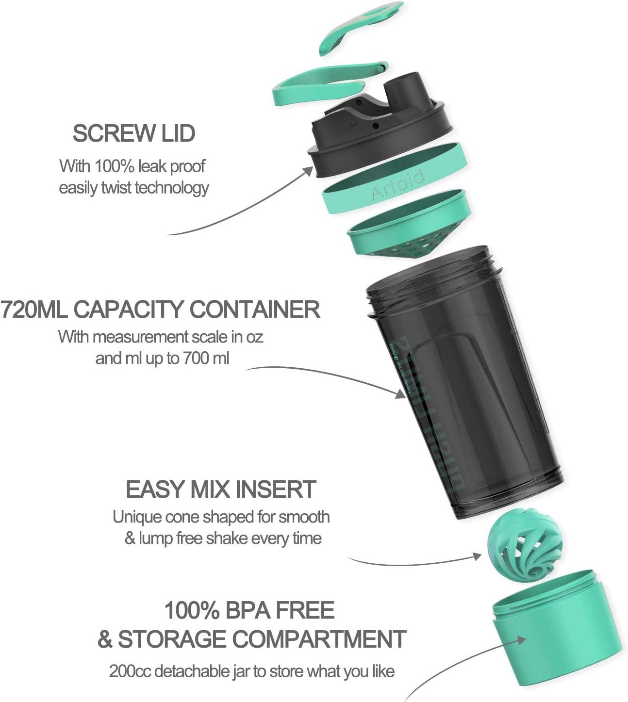 image:imageArtoid Mode Shaker Protines Avec compartiment poudre Boissons sportives Lavage la main RoseVert 720ml tamis Boule en Spirale Organisateur 200ml Complments alimentaires Sans BPAVertNoir