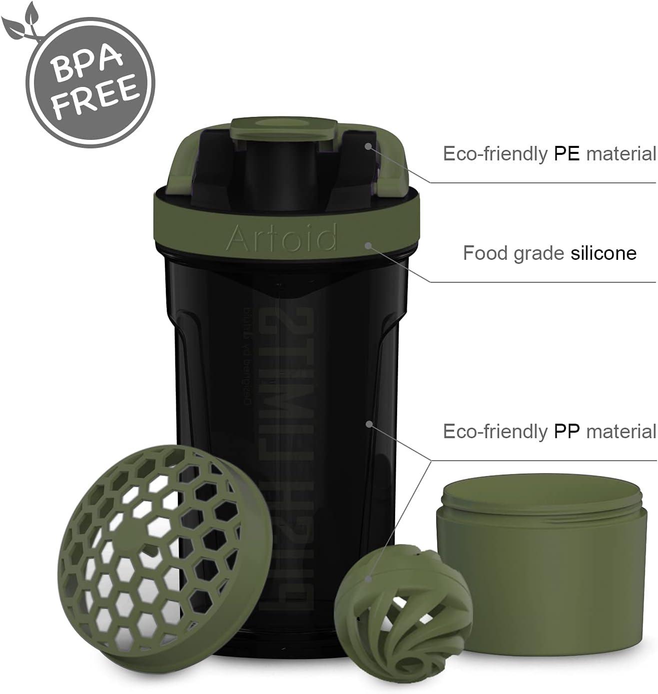 image:imageArtoid Mode Shaker Protines Avec compartiment poudre Boissons sportives Lavage la main RoseVert 720ml tamis Boule en Spirale Organisateur 200ml Complments alimentaires Sans BPANoirVert Mousse