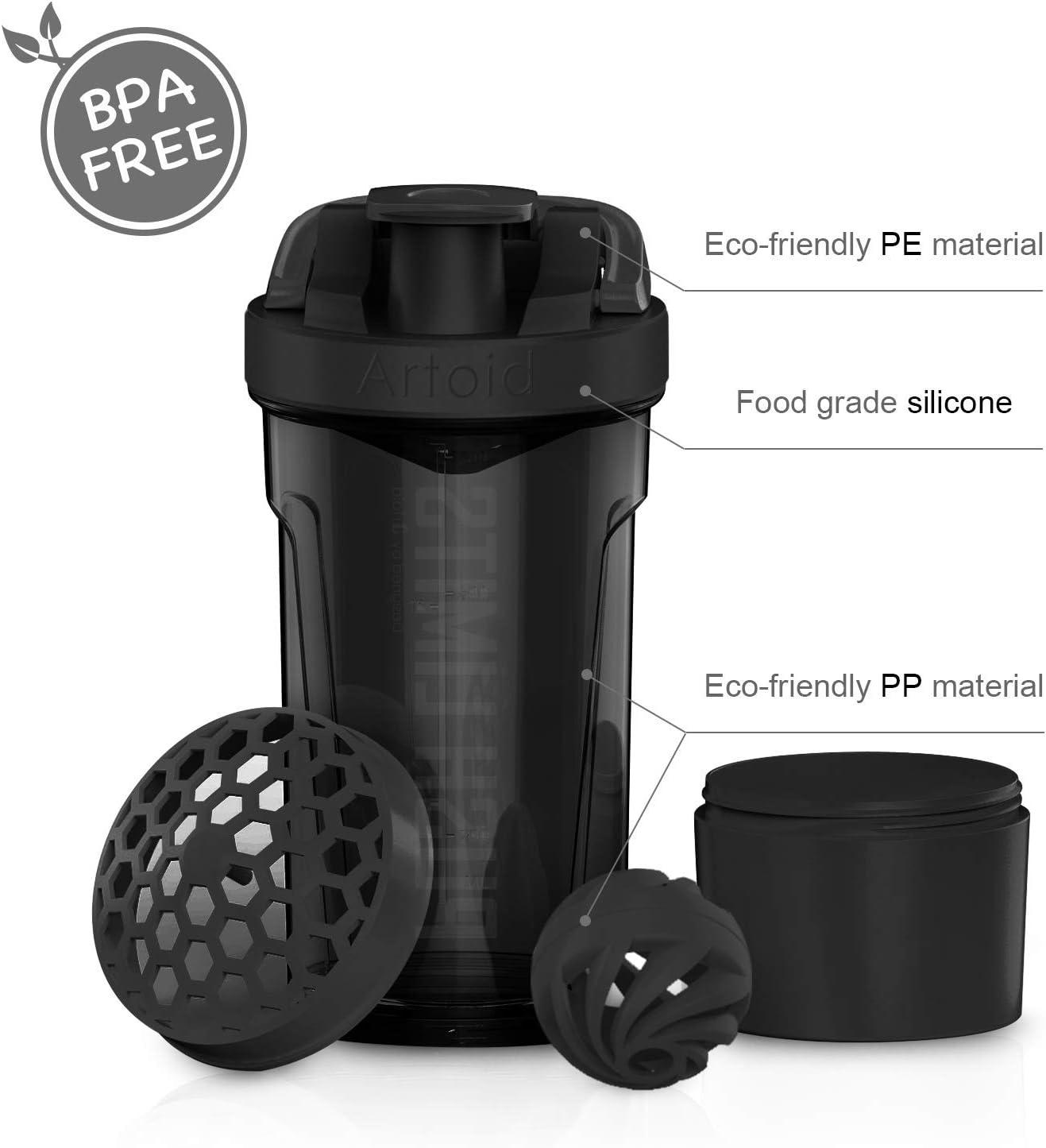 image:imageArtoid Mode Shaker Protines Avec compartiment poudre Boissons sportives Lavage la main RoseVert 720ml tamis Boule en Spirale Organisateur 200ml Complments alimentaires Sans BPANoirGris