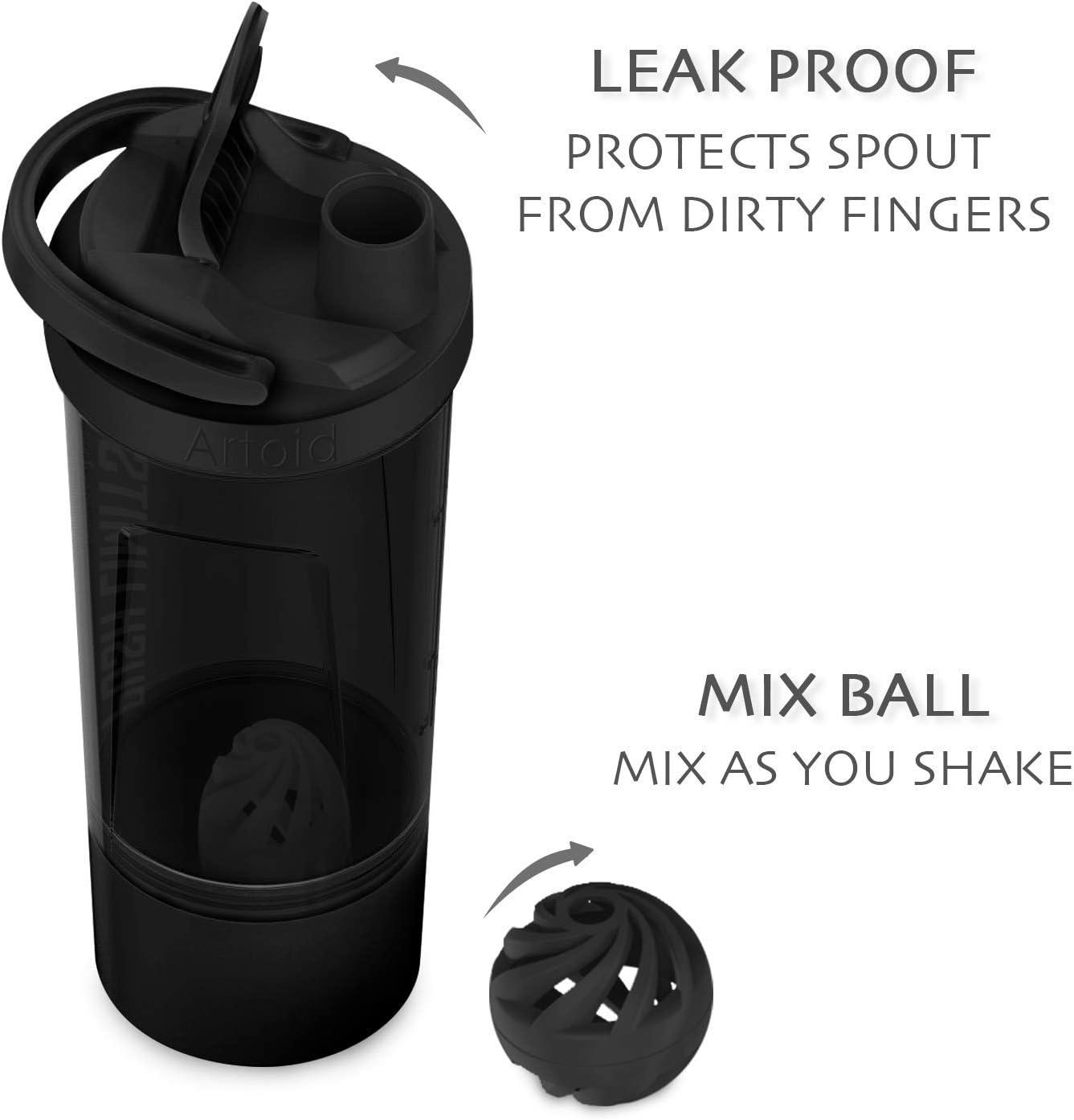 image:imageArtoid Mode Shaker Protines Avec compartiment poudre Boissons sportives Lavage la main RoseVert 720ml tamis Boule en Spirale Organisateur 200ml Complments alimentaires Sans BPANoirGris