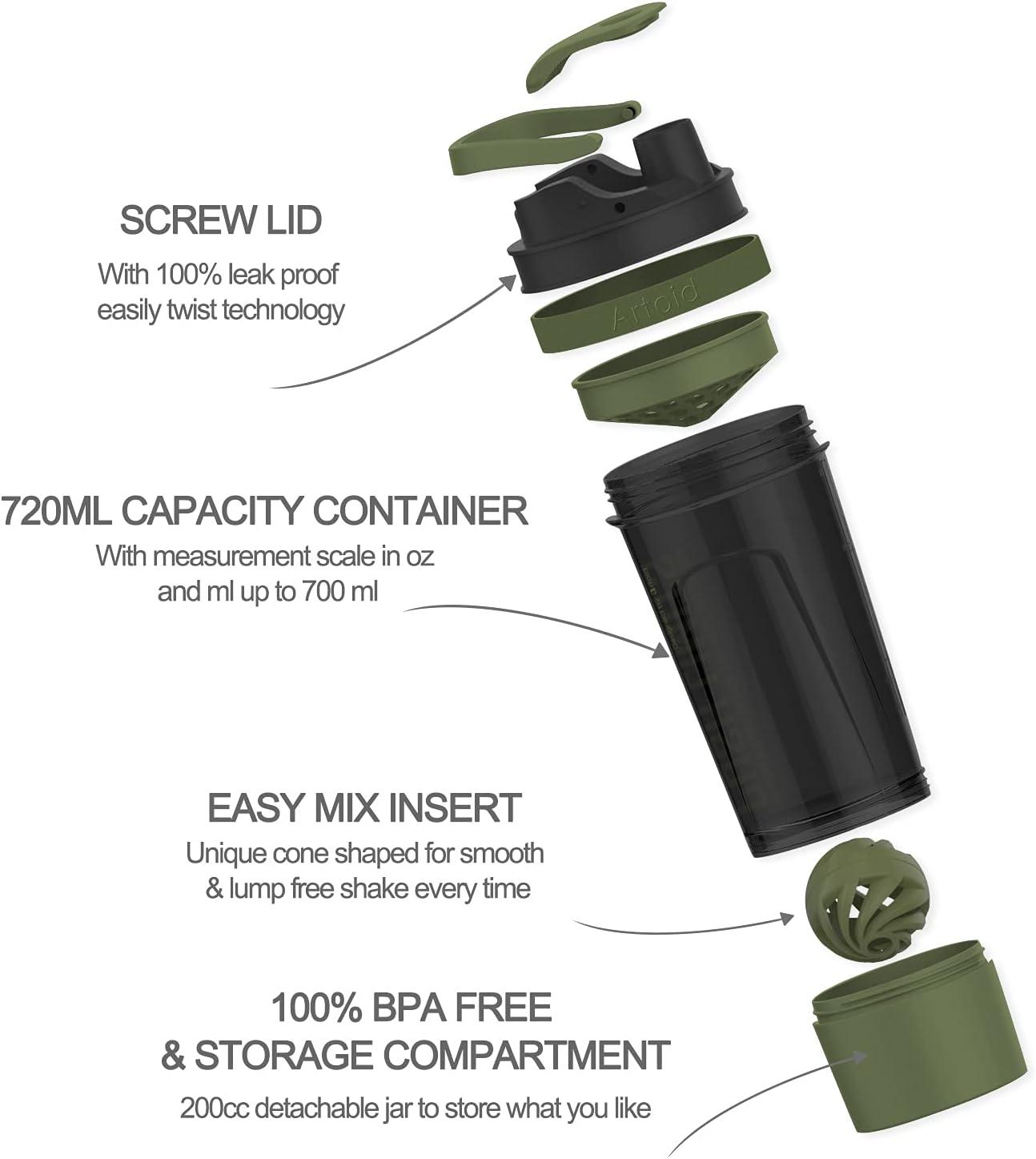 image:imageArtoid Mode Shaker Protines Avec compartiment poudre Boissons sportives Lavage la main RoseVert 720ml tamis Boule en Spirale Organisateur 200ml Complments alimentaires Sans BPANoirVert Mousse