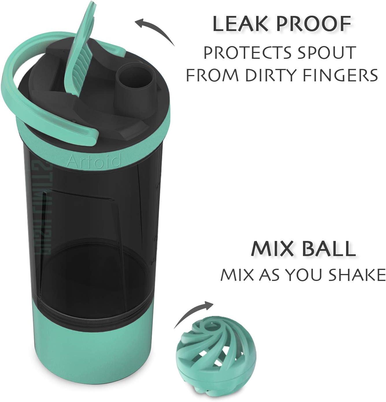image:imageArtoid Mode Shaker Protines Avec compartiment poudre Boissons sportives Lavage la main RoseVert 720ml tamis Boule en Spirale Organisateur 200ml Complments alimentaires Sans BPAVertNoir
