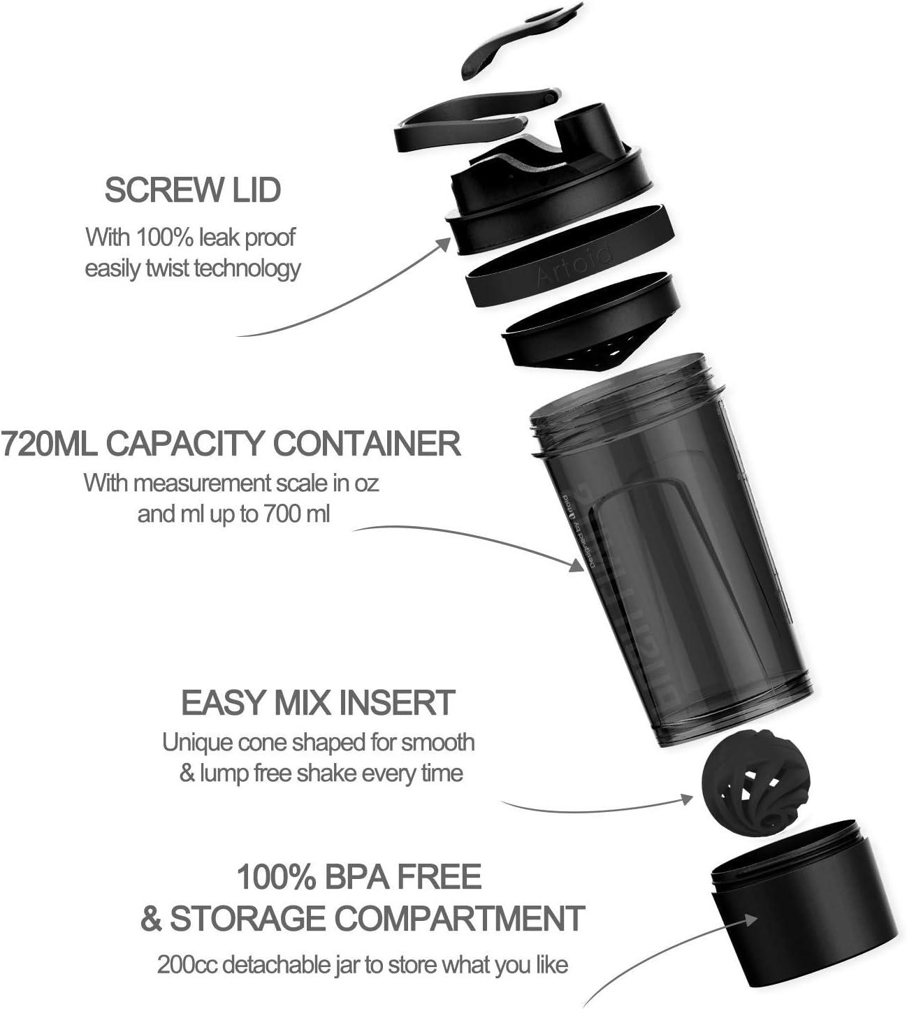 image:imageArtoid Mode Shaker Protines Avec compartiment poudre Boissons sportives Lavage la main RoseVert 720ml tamis Boule en Spirale Organisateur 200ml Complments alimentaires Sans BPANoirGris