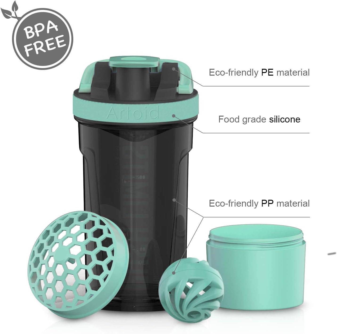 image:imageArtoid Mode Shaker Protines Avec compartiment poudre Boissons sportives Lavage la main RoseVert 720ml tamis Boule en Spirale Organisateur 200ml Complments alimentaires Sans BPAVertNoir