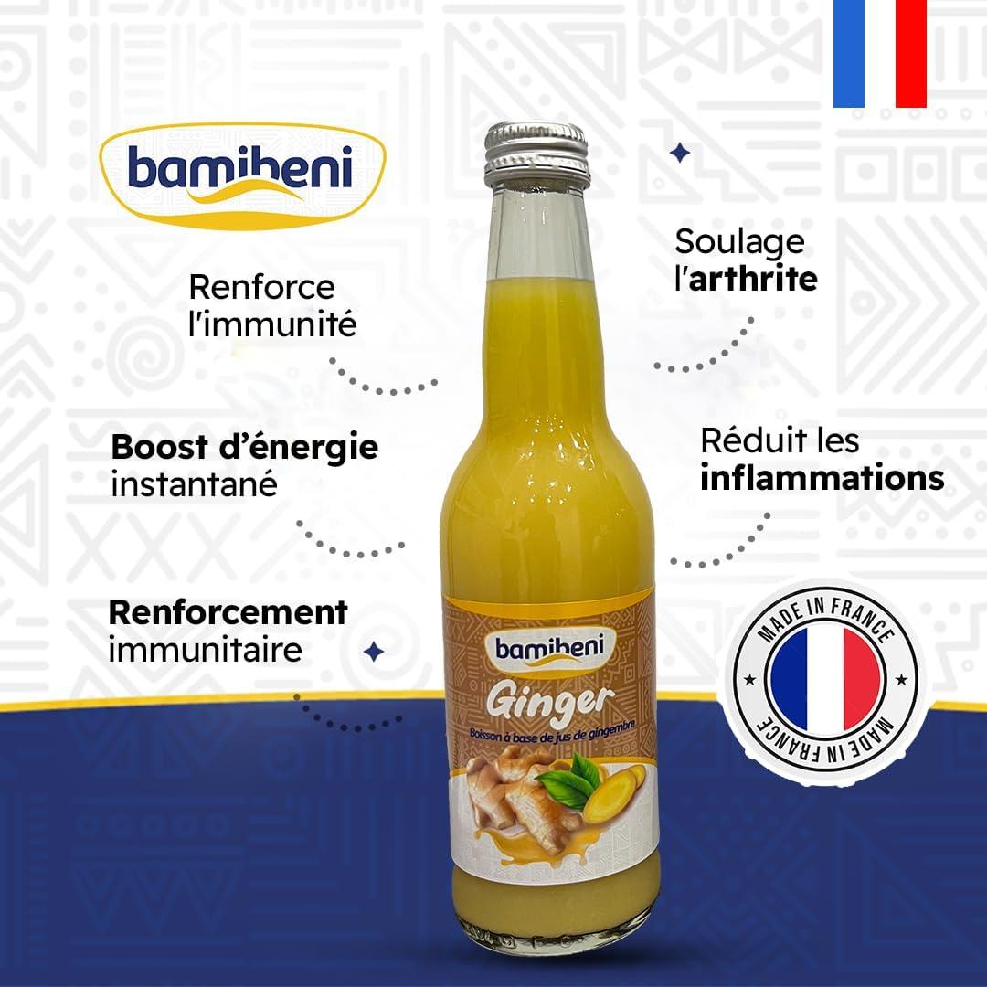 image:imageBAMIBENI Jus de gingembre concentr 12x330 ml Made in France Boisson tropicale peu sucre Sans alcool 100 naturelle et sans additifs artificiels