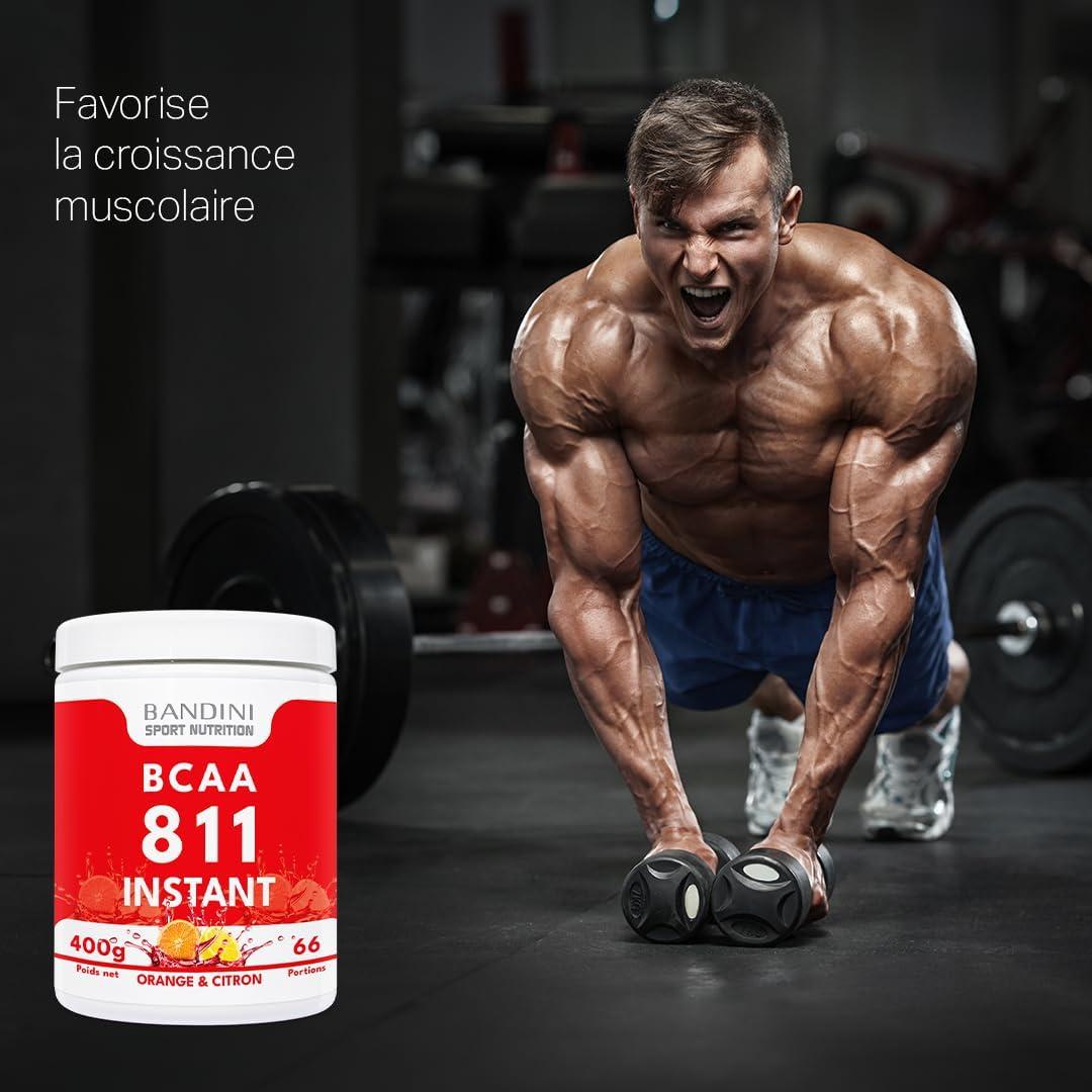 image:imageBandini BCAA 811 Poudre Zero Sucre Acides Amins chane ramifie 811 Vegan avec Leucine Isoleucine Valine Musculation Acide Amines sans additifs 400g Powder Saveur Orange et Citron
