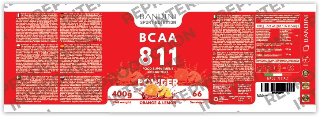 image:imageBandini BCAA 811 Poudre Zero Sucre Acides Amins chane ramifie 811 Vegan avec Leucine Isoleucine Valine Musculation Acide Amines sans additifs 400g Powder Saveur Orange et Citron