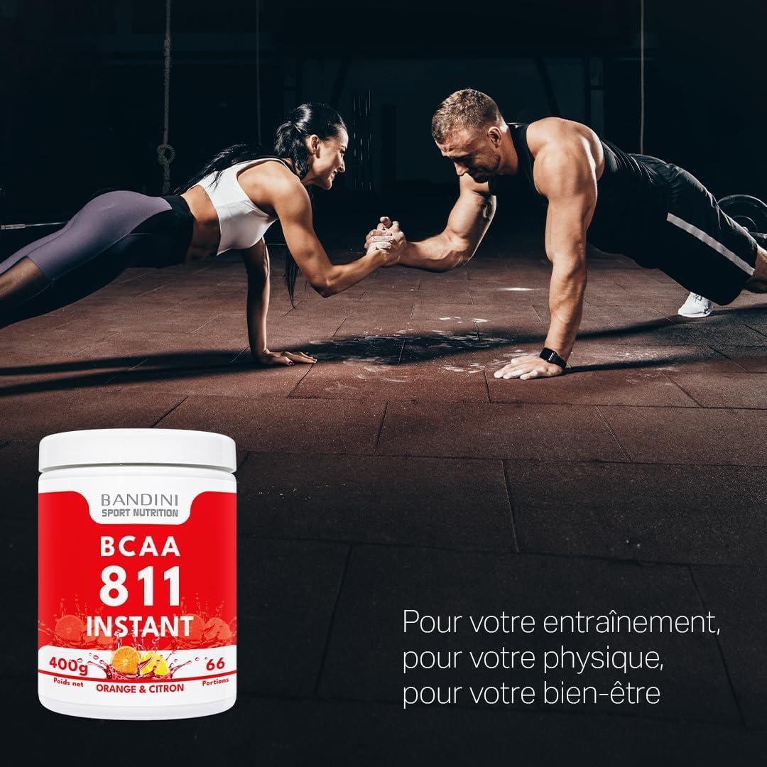image:imageBandini BCAA 811 Poudre Zero Sucre Acides Amins chane ramifie 811 Vegan avec Leucine Isoleucine Valine Musculation Acide Amines sans additifs 400g Powder Saveur Orange et Citron