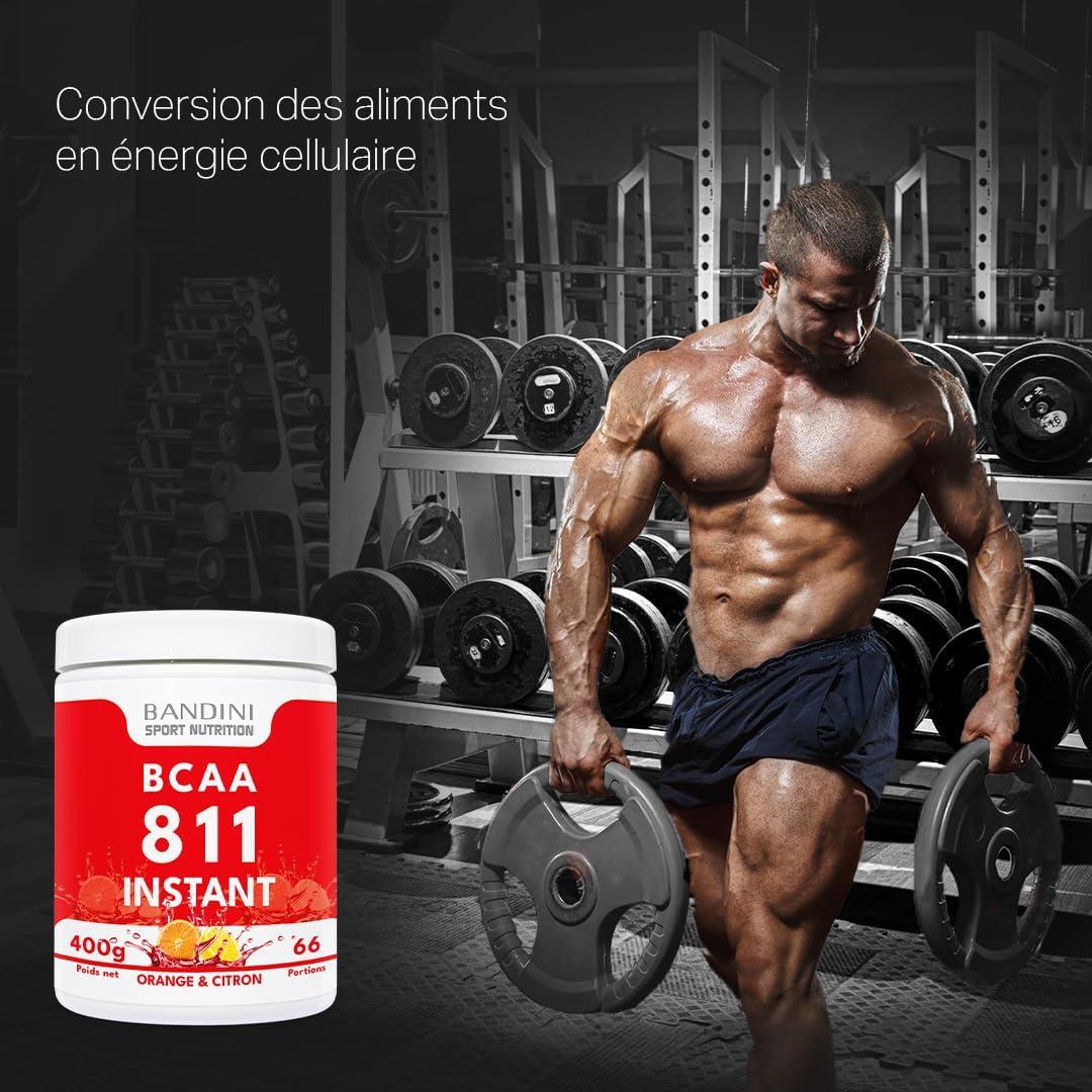 image:imageBandini BCAA 811 Poudre Zero Sucre Acides Amins chane ramifie 811 Vegan avec Leucine Isoleucine Valine Musculation Acide Amines sans additifs 400g Powder Saveur Orange et Citron