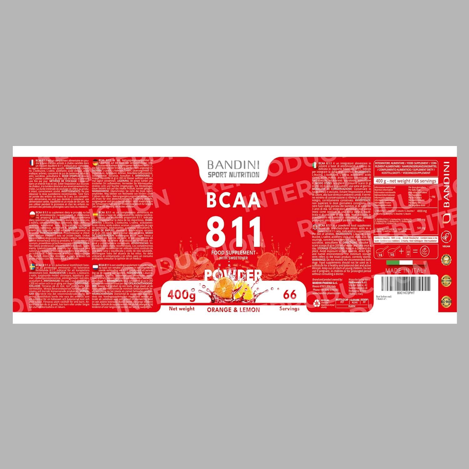 image:imageBandini BCAA 811 Poudre Zero Sucre Acides Amins chane ramifie 811 Vegan avec Leucine Isoleucine Valine Musculation Acide Amines sans additifs 400g Powder Saveur Orange et Citron