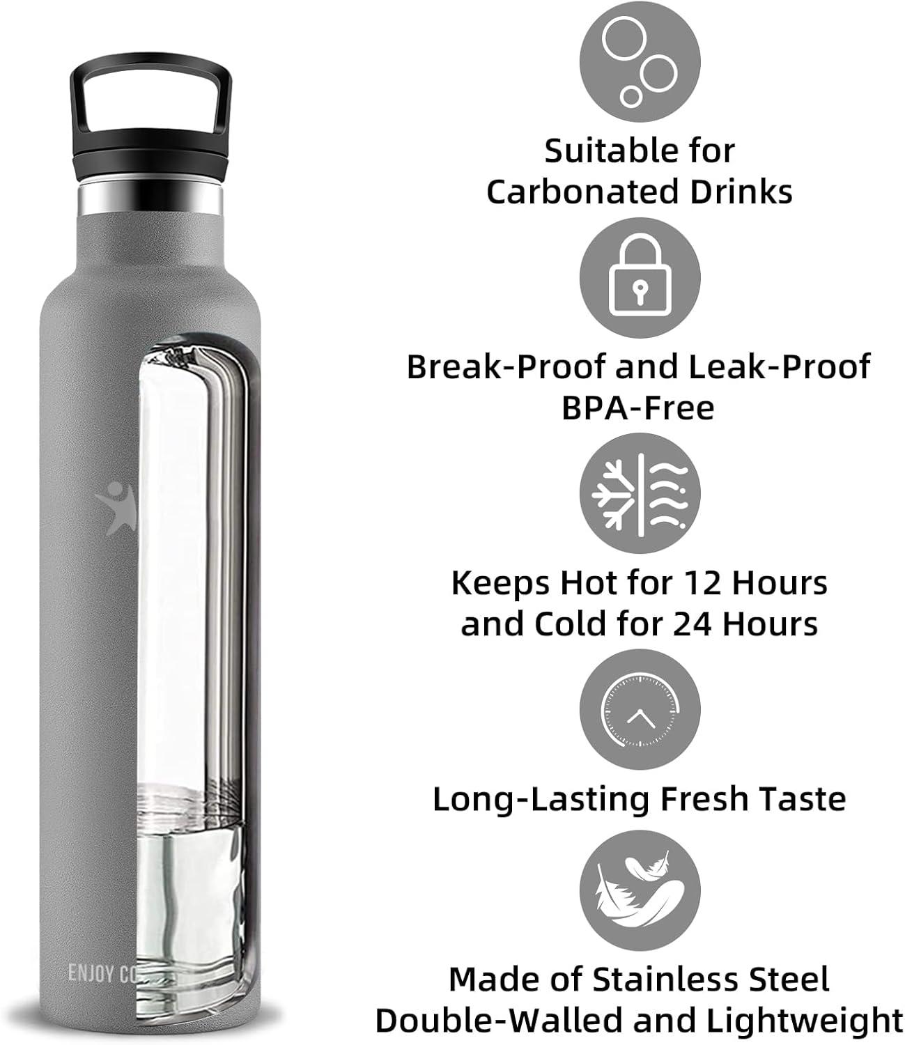 image:imageBouteille deau isotherme en acier inoxydable sans BPA pour le sport le camping et la randonne 1 lGris