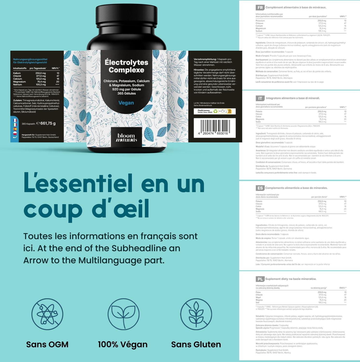 image:imageElectrolytes Hydratation Complexe 365 Glules Haute Biodisponibilit avec Chlorure Potassium Calcium Magnesium Sodium Vegan et Produit en Allemagne Electrolyte Supplement