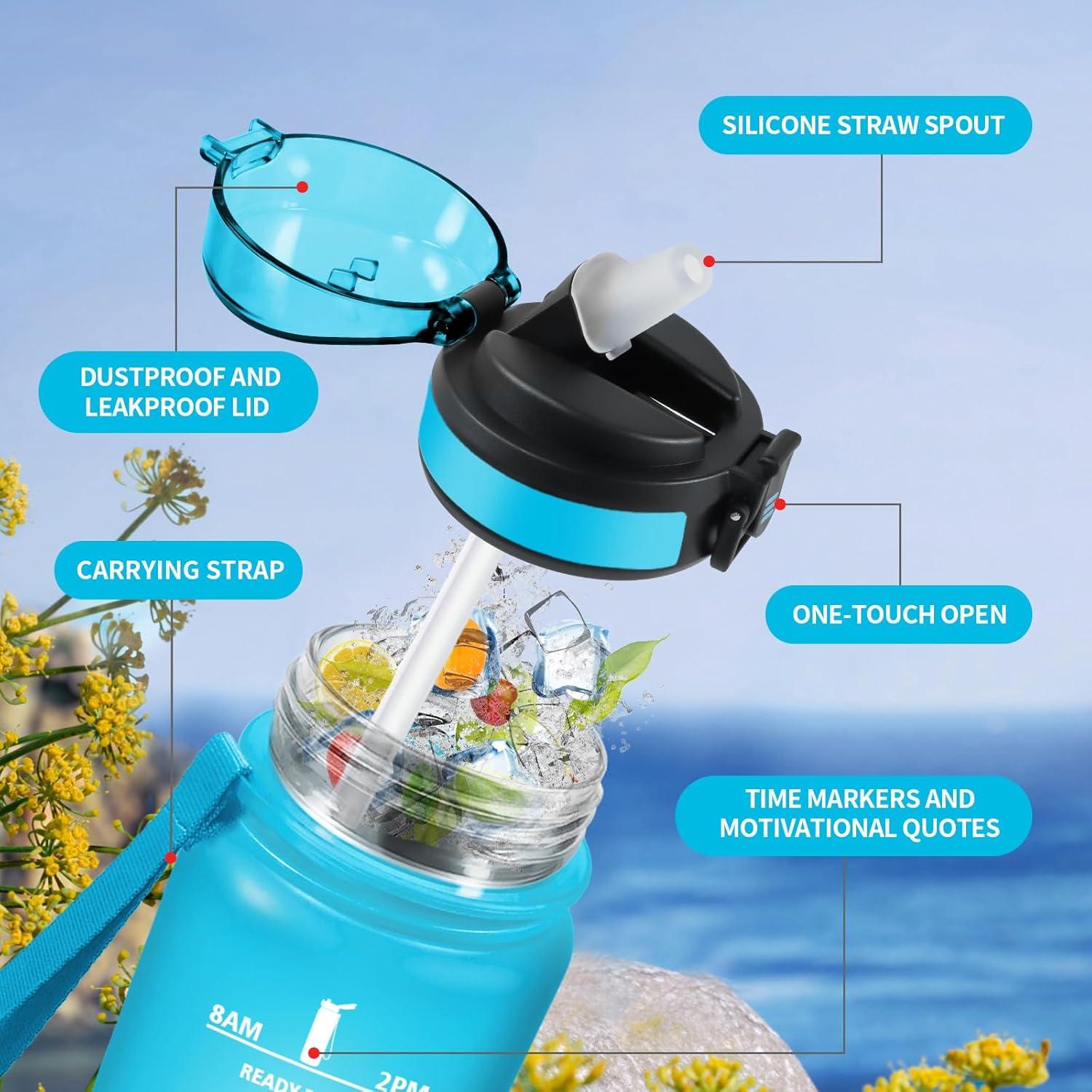 image:imageGourde 1L Gourde avec Sport Paille AntiFuite ampamp Rutilisable Bouteille deau Motivante avec Marquages de Temps Facile Nettoyer Bouteille Gradue pour Voyage Randonne Cyclisme Fitness32oz1000ml Paille Bleu Lilas