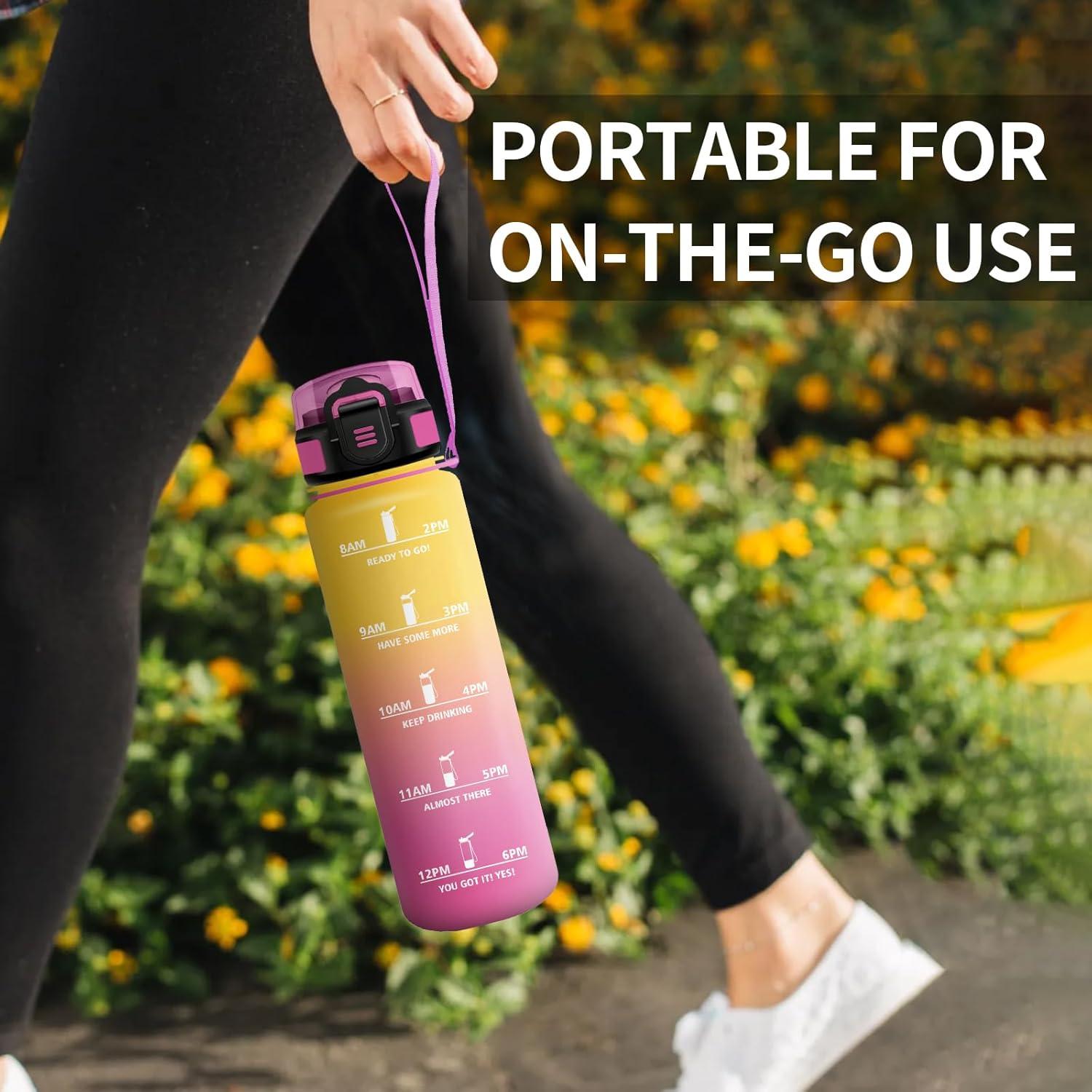 image:imageGourde 1L Gourde avec Sport Paille AntiFuite ampamp Rutilisable Bouteille deau Motivante avec Marquages de Temps Facile Nettoyer Bouteille Gradue pour Voyage Randonne Cyclisme Fitness32oz1000ml Paille Jaune Rose