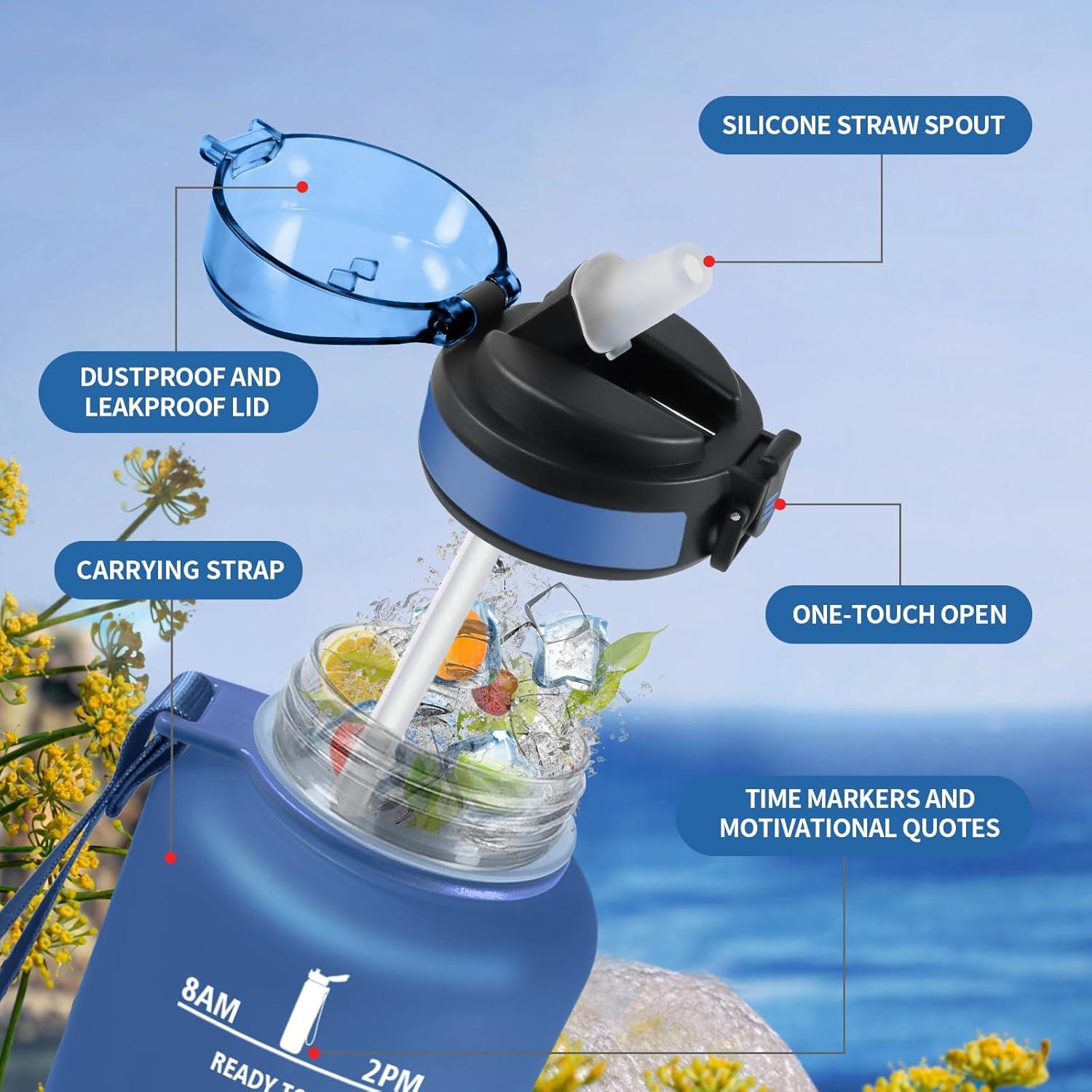 image:imageGourde 1L Gourde avec Sport Paille AntiFuite ampamp Rutilisable Bouteille deau Motivante avec Marquages de Temps Facile Nettoyer Bouteille Gradue pour Voyage Randonne Cyclisme Fitness50oz1500ml Paille Bleu Vert