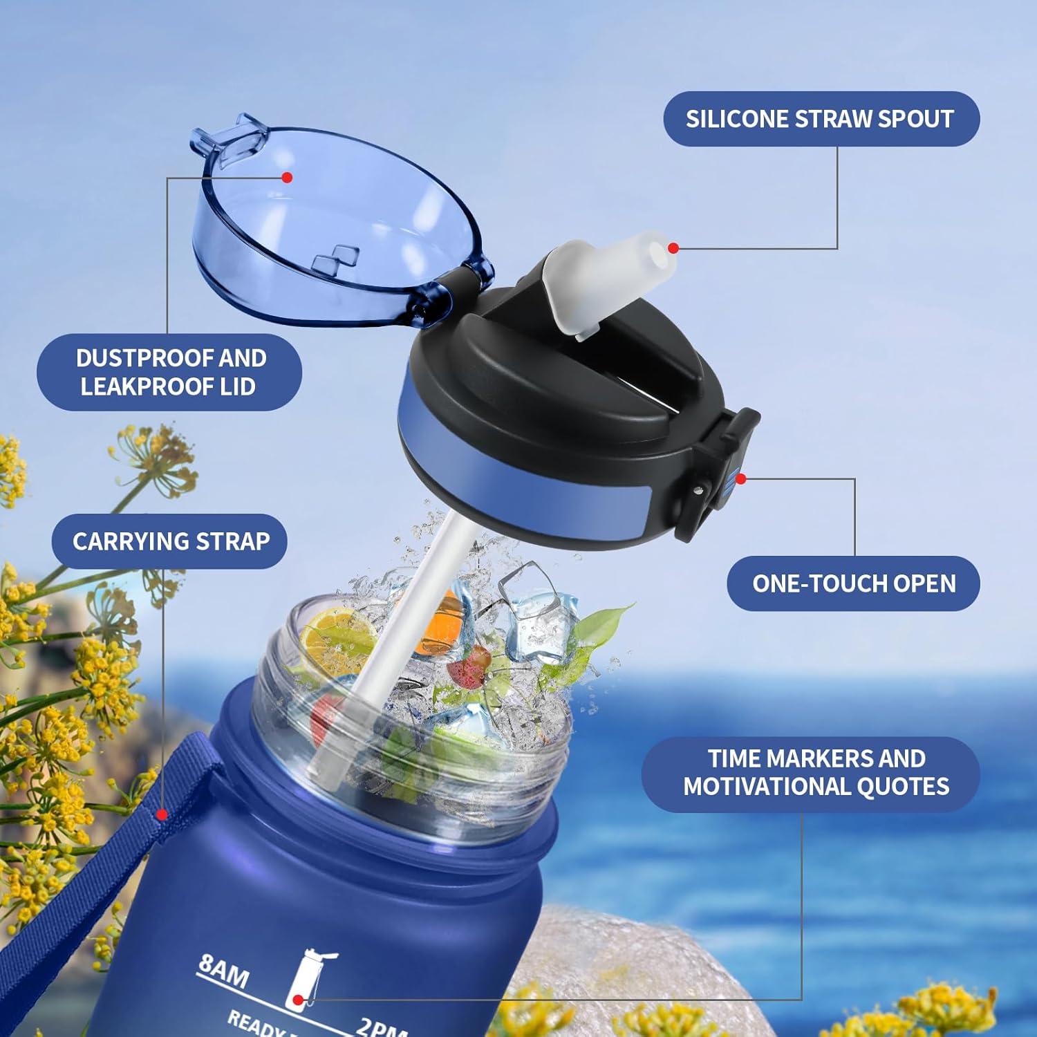 image:imageGourde 1L Gourde avec Sport Paille AntiFuite ampamp Rutilisable Bouteille deau Motivante avec Marquages de Temps Facile Nettoyer Bouteille Gradue pour Voyage Randonne Cyclisme Fitness17oz500ml Paille Mat Marine Bleu
