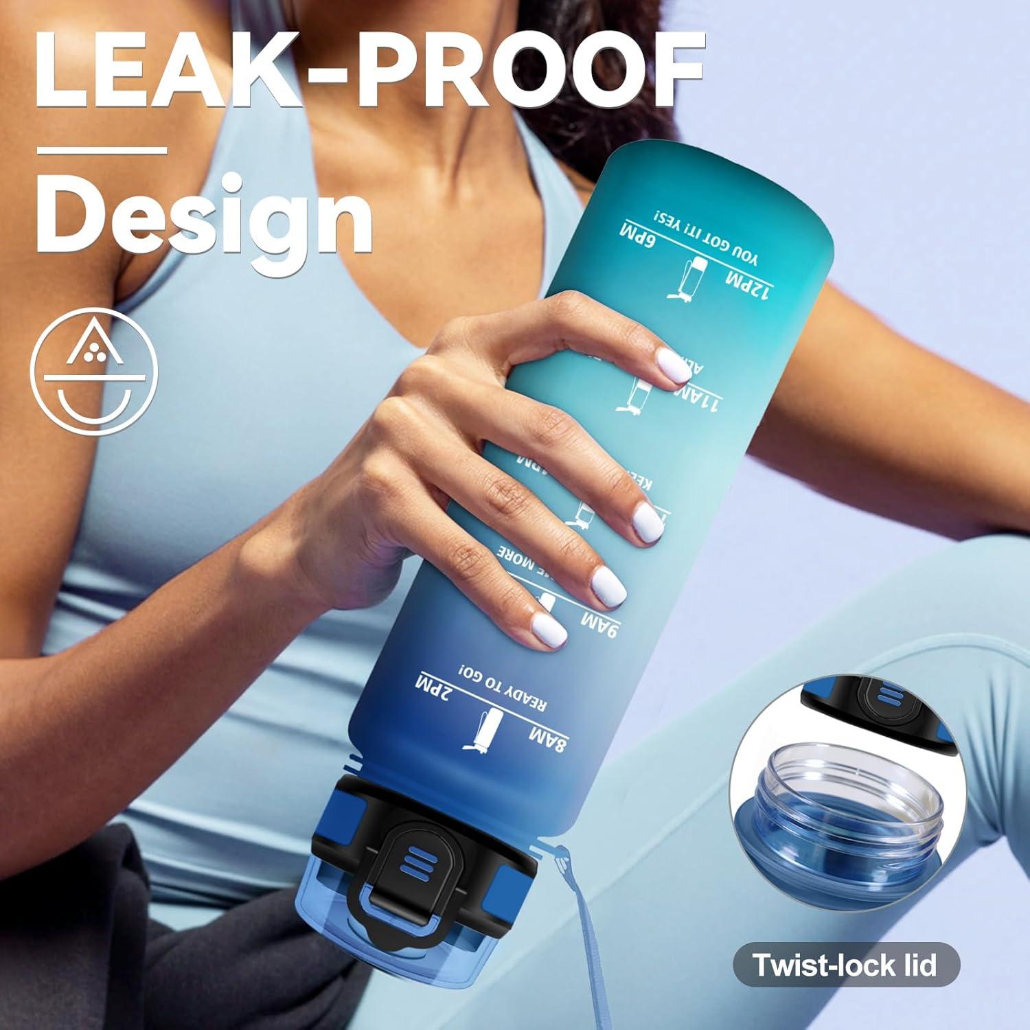 image:imageGourde 1L Gourde avec Sport Paille AntiFuite ampamp Rutilisable Bouteille deau Motivante avec Marquages de Temps Facile Nettoyer Bouteille Gradue pour Voyage Randonne Cyclisme Fitness32oz1000ml Paille Bleu Vert