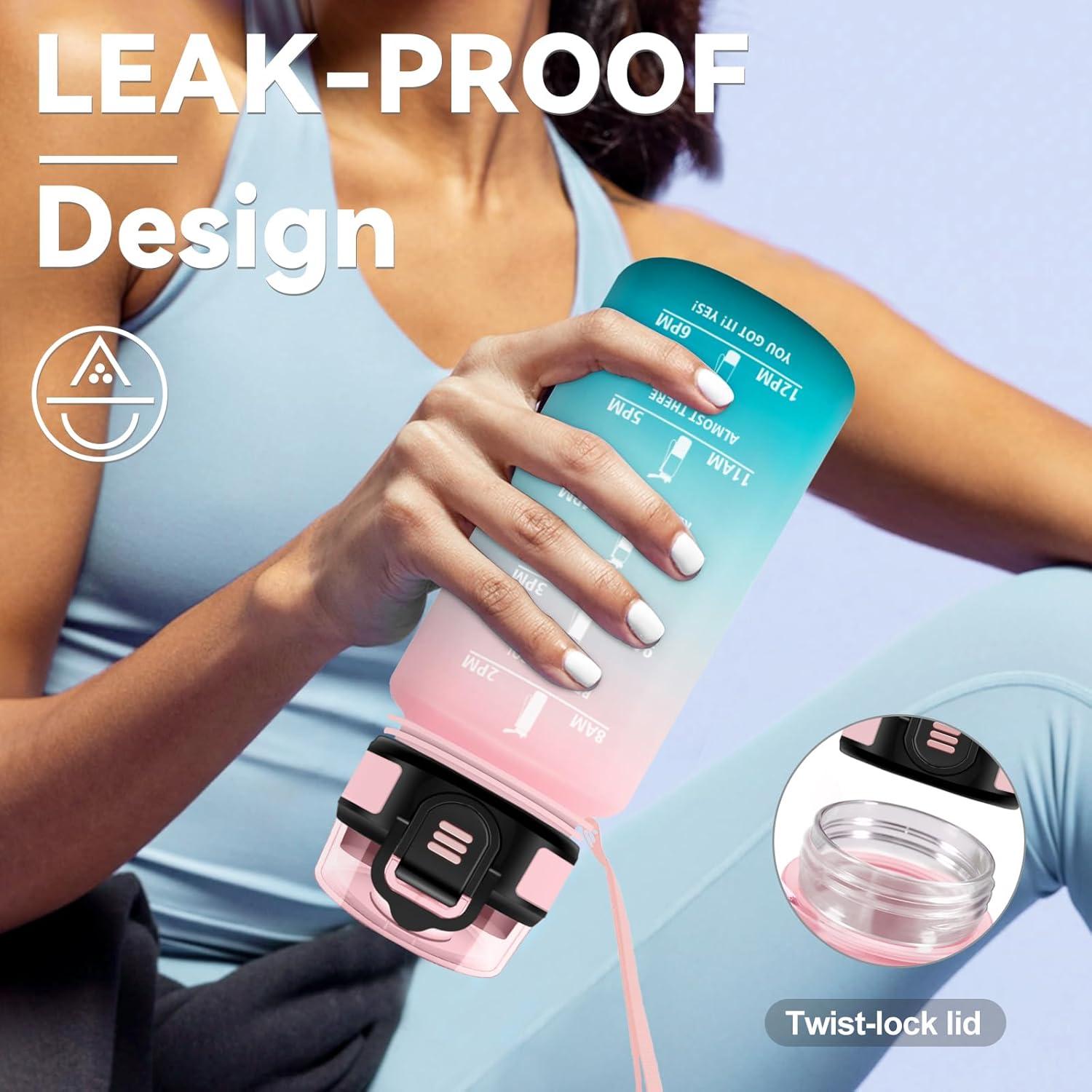 image:imageGourde 1L Gourde avec Sport Paille AntiFuite ampamp Rutilisable Bouteille deau Motivante avec Marquages de Temps Facile Nettoyer Bouteille Gradue pour Voyage Randonne Cyclisme Fitness17oz500ml Paille Rose Cyan