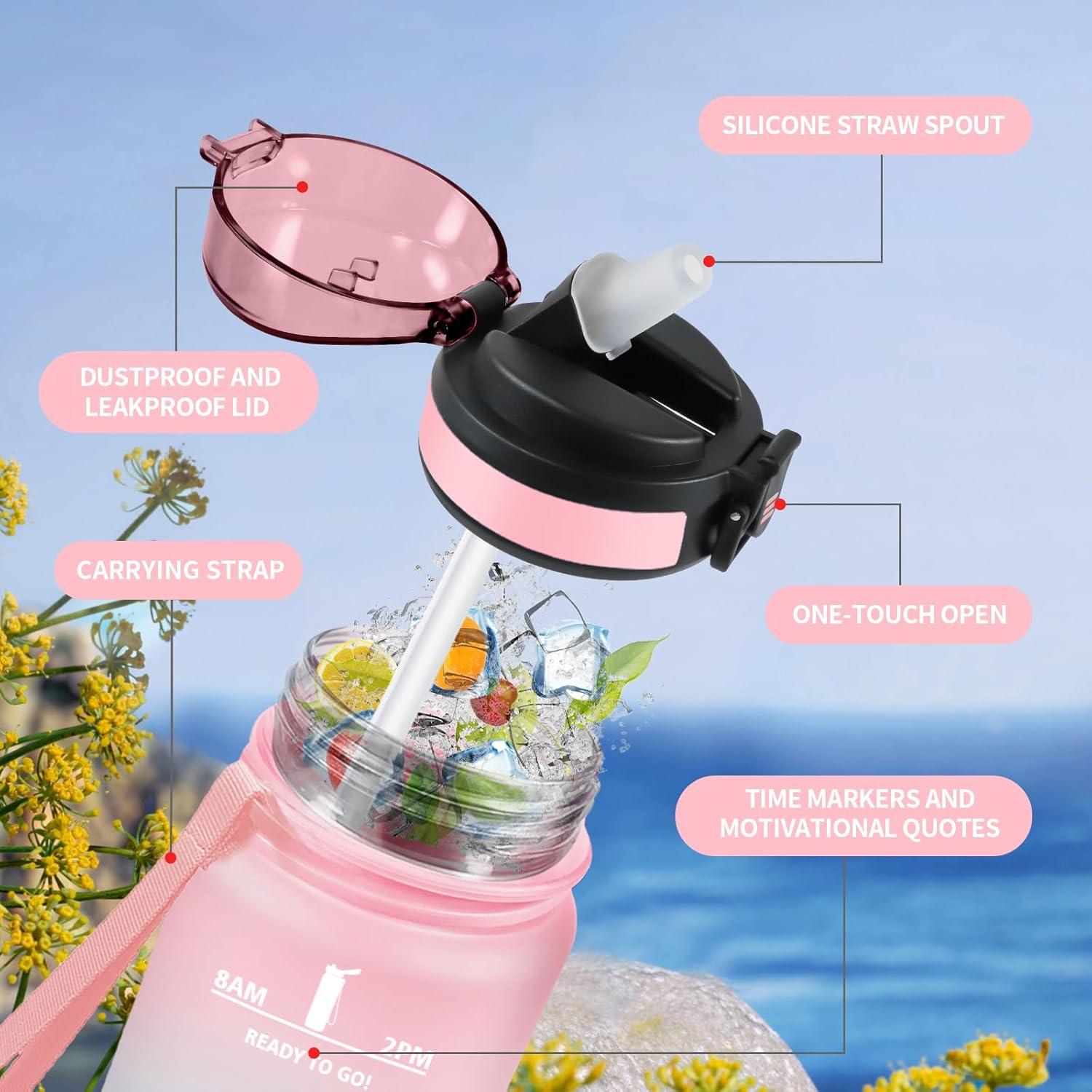 image:imageGourde 1L Gourde avec Sport Paille AntiFuite ampamp Rutilisable Bouteille deau Motivante avec Marquages de Temps Facile Nettoyer Bouteille Gradue pour Voyage Randonne Cyclisme Fitness17oz500ml Paille Rose Cyan