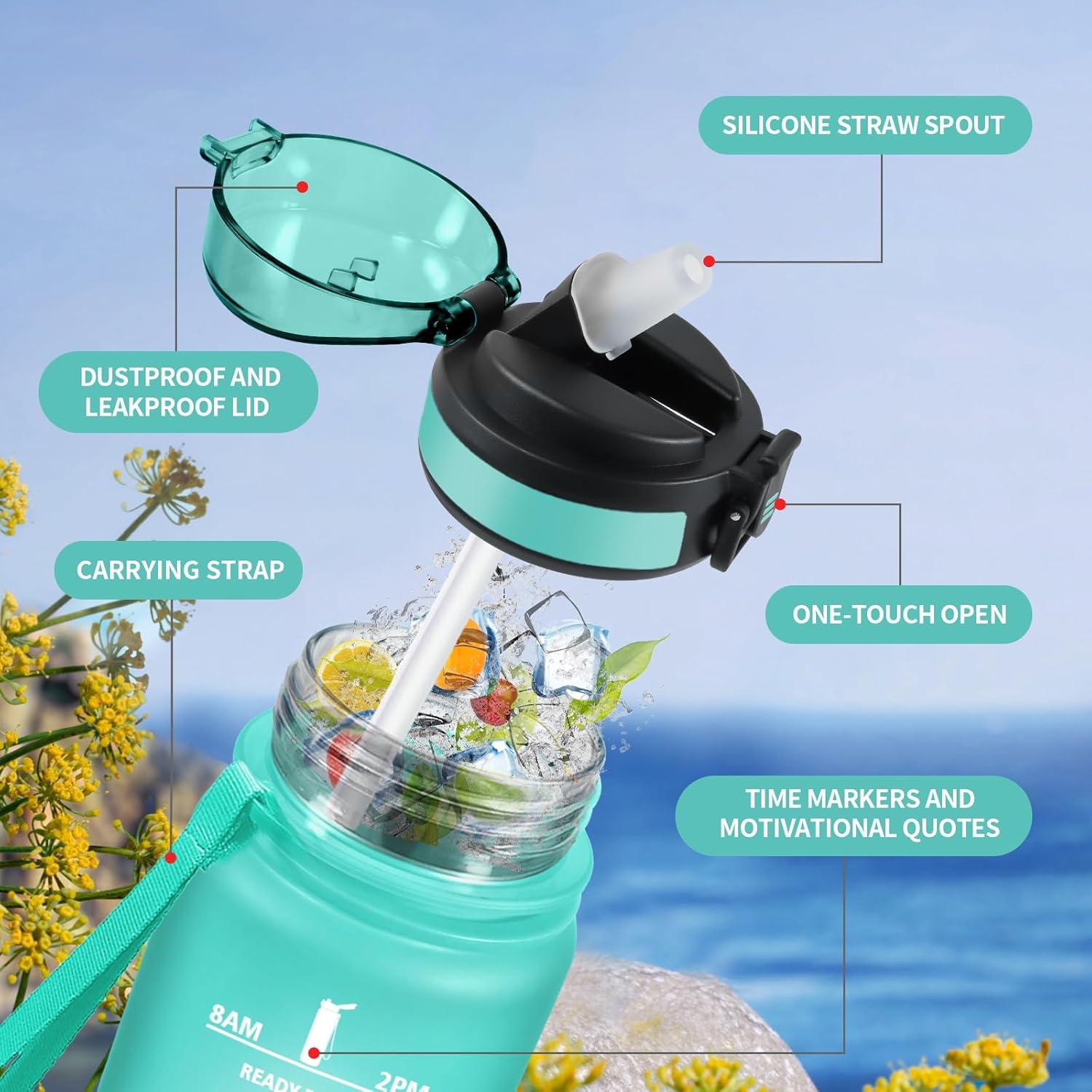 image:imageGourde 1L Gourde avec Sport Paille AntiFuite ampamp Rutilisable Bouteille deau Motivante avec Marquages de Temps Facile Nettoyer Bouteille Gradue pour Voyage Randonne Cyclisme Fitness32oz1000ml Paille Mat Bleuvert