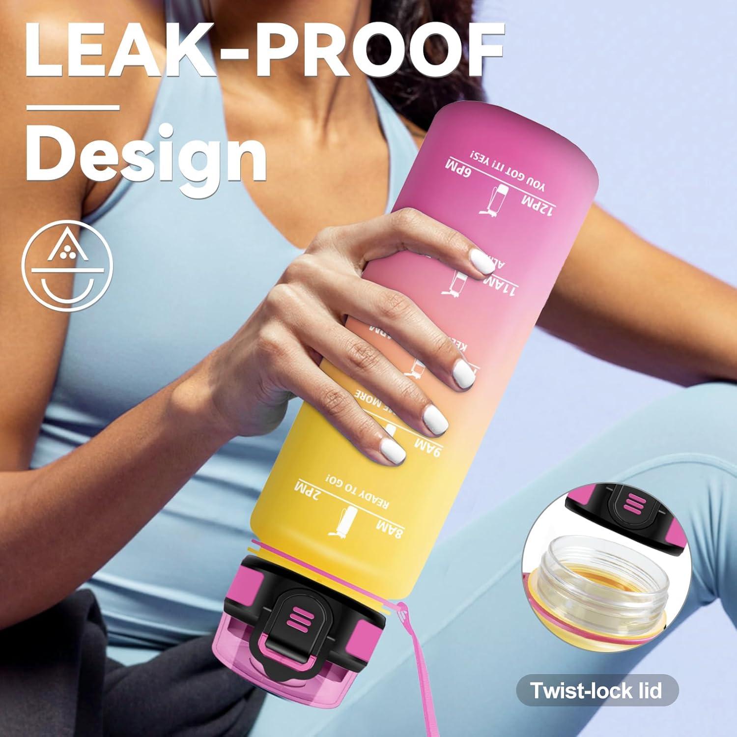 image:imageGourde 1L Gourde avec Sport Paille AntiFuite ampamp Rutilisable Bouteille deau Motivante avec Marquages de Temps Facile Nettoyer Bouteille Gradue pour Voyage Randonne Cyclisme Fitness32oz1000ml Paille Jaune Rose