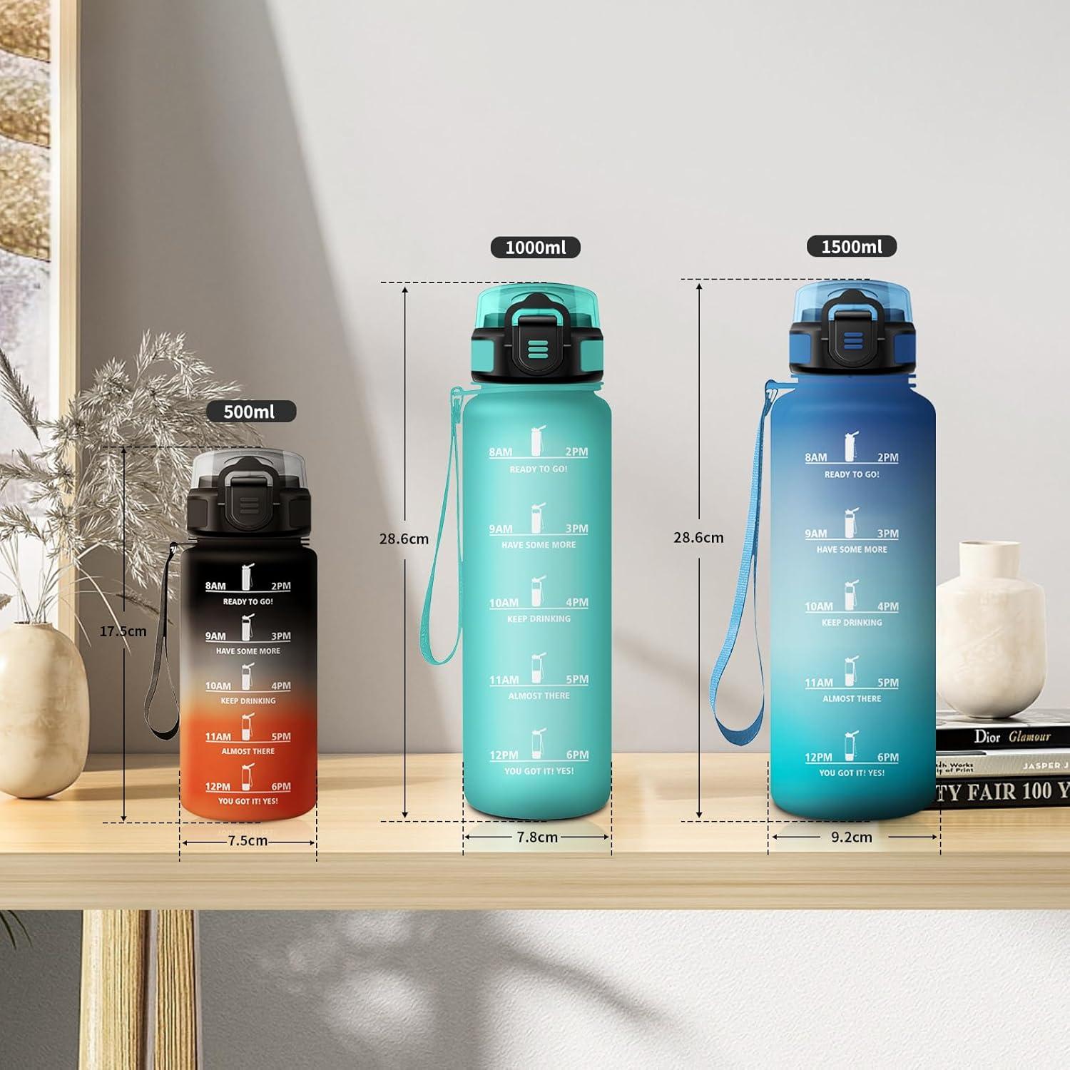 image:imageGourde 1L Gourde avec Sport Paille AntiFuite ampamp Rutilisable Bouteille deau Motivante avec Marquages de Temps Facile Nettoyer Bouteille Gradue pour Voyage Randonne Cyclisme Fitness50oz1500ml Paille Bleu Vert
