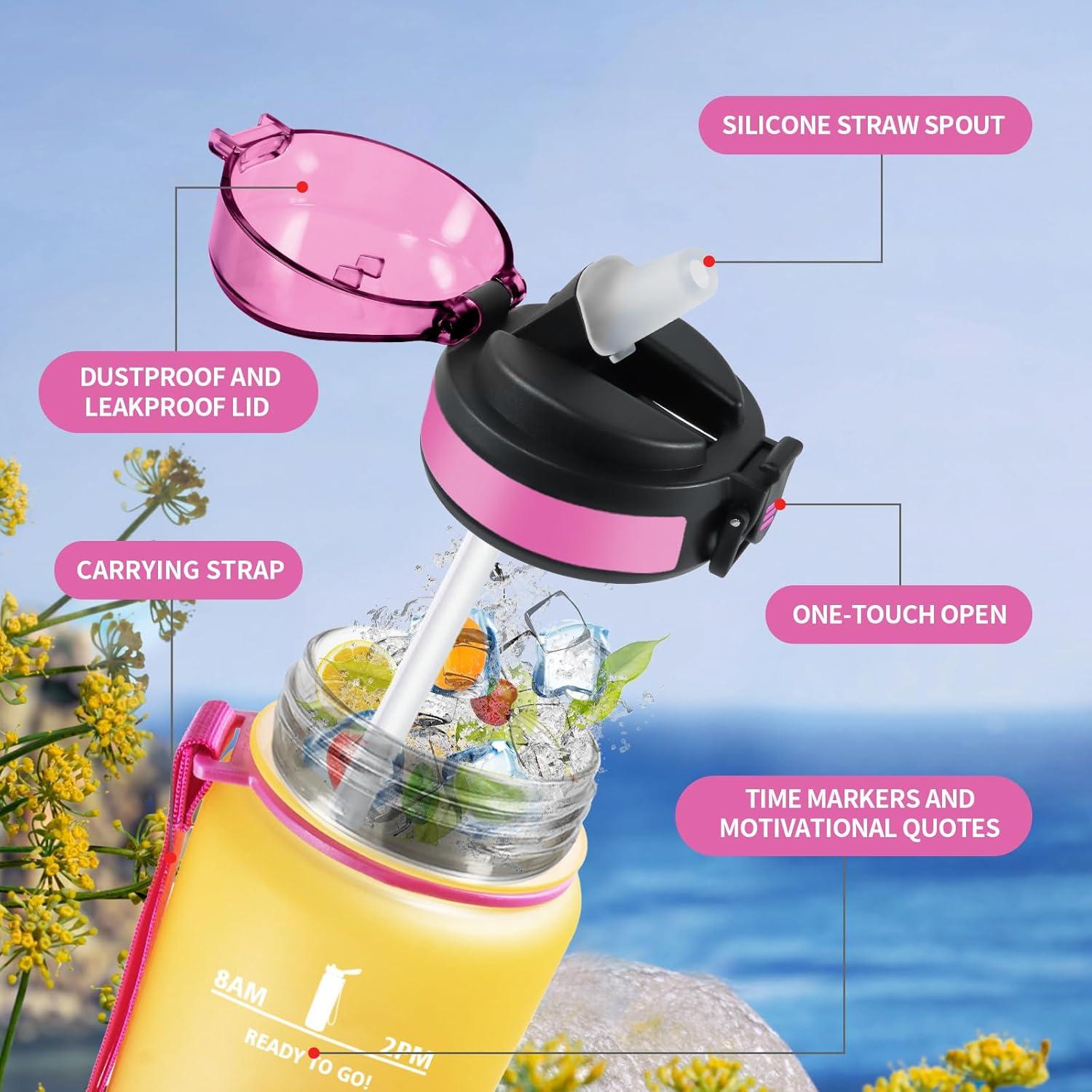 image:imageGourde 1L Gourde avec Sport Paille AntiFuite ampamp Rutilisable Bouteille deau Motivante avec Marquages de Temps Facile Nettoyer Bouteille Gradue pour Voyage Randonne Cyclisme Fitness17oz500ml Paille Jaune Rose