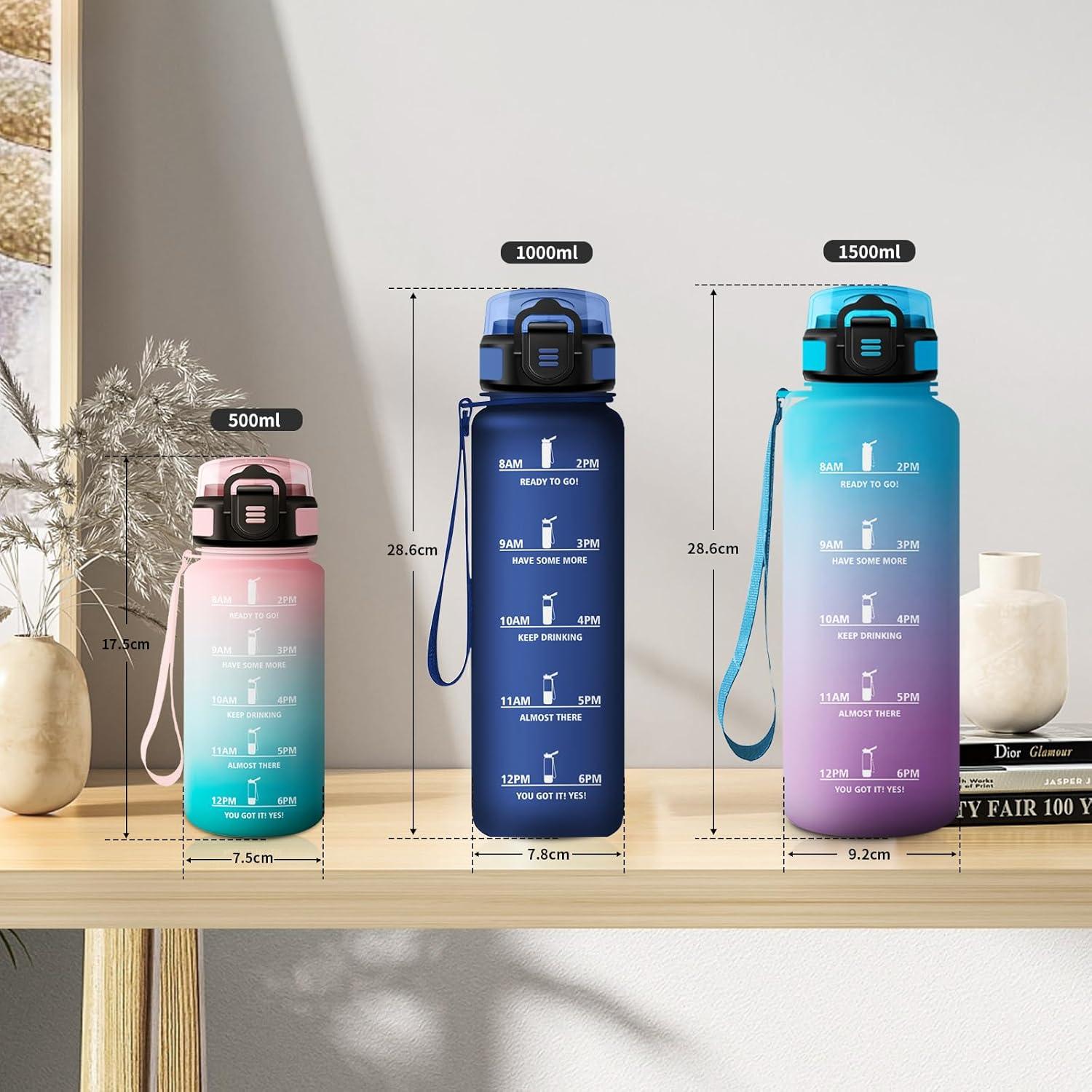 image:imageGourde 1L Gourde avec Sport Paille AntiFuite ampamp Rutilisable Bouteille deau Motivante avec Marquages de Temps Facile Nettoyer Bouteille Gradue pour Voyage Randonne Cyclisme Fitness17oz500ml Paille Rose Cyan
