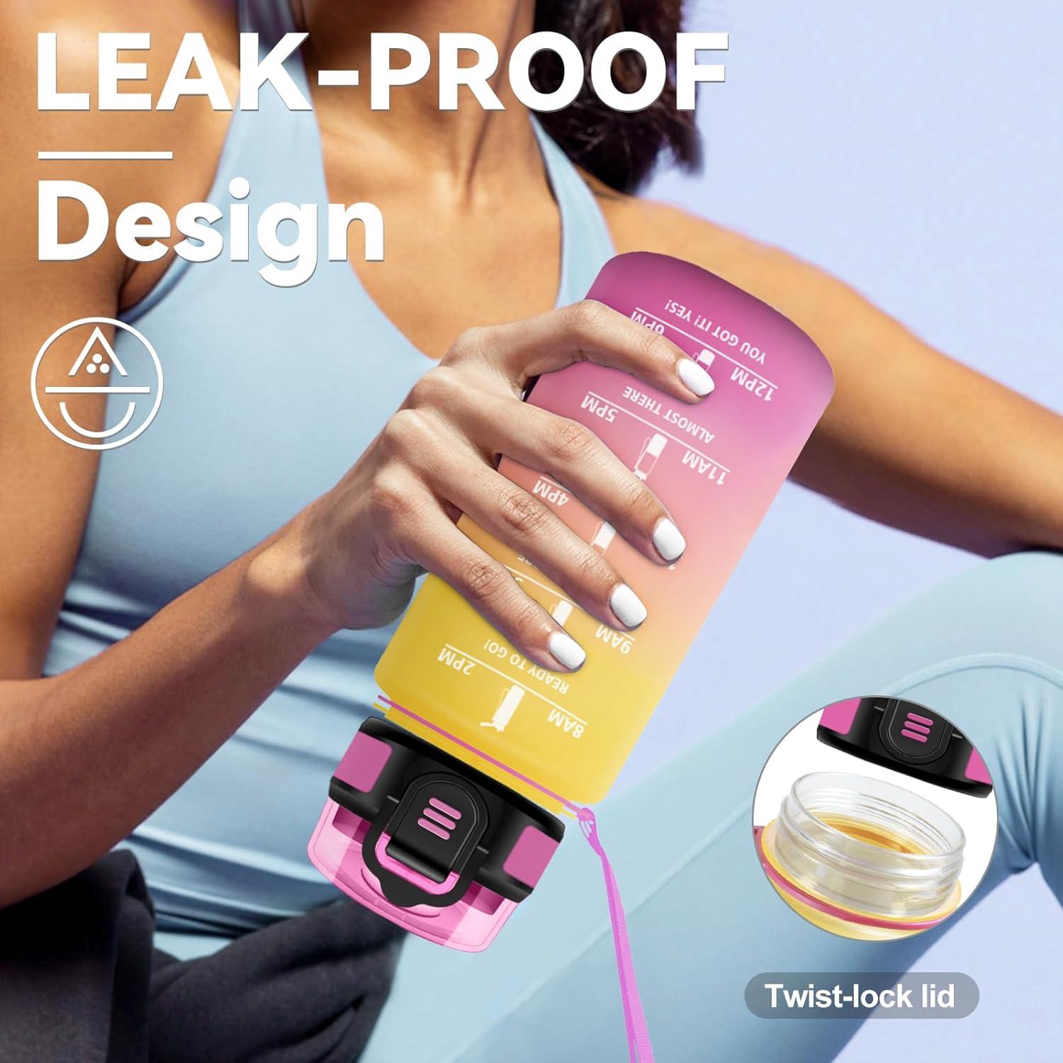 image:imageGourde 1L Gourde avec Sport Paille AntiFuite ampamp Rutilisable Bouteille deau Motivante avec Marquages de Temps Facile Nettoyer Bouteille Gradue pour Voyage Randonne Cyclisme Fitness17oz500ml Paille Jaune Rose