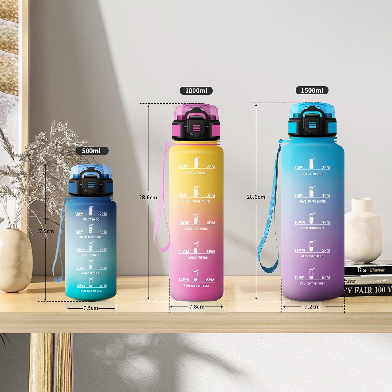image:imageGourde 1L Gourde avec Sport Paille AntiFuite ampamp Rutilisable Bouteille deau Motivante avec Marquages de Temps Facile Nettoyer Bouteille Gradue pour Voyage Randonne Cyclisme Fitness17oz500ml Paille Bleu Vert