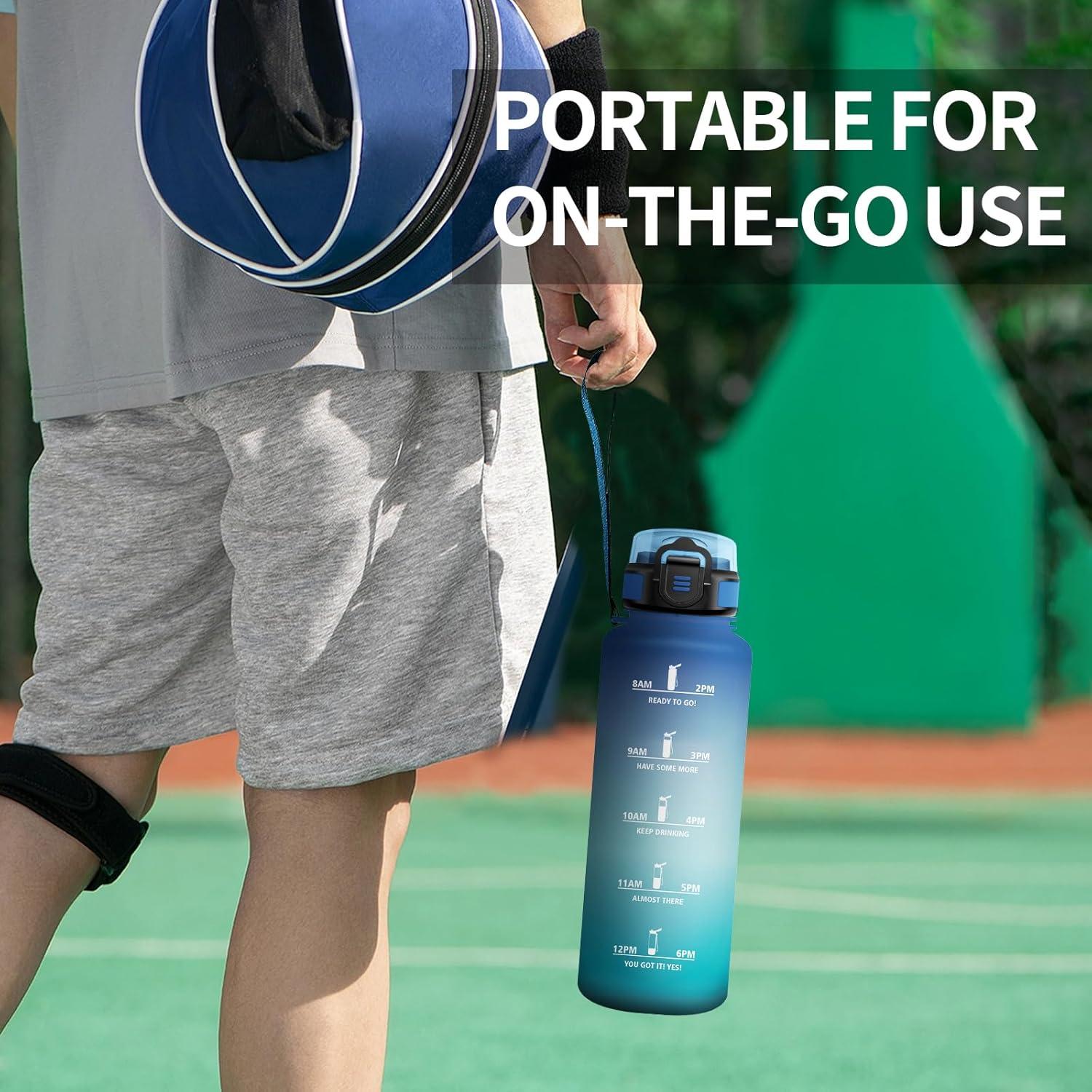 image:imageGourde 1L Gourde avec Sport Paille AntiFuite ampamp Rutilisable Bouteille deau Motivante avec Marquages de Temps Facile Nettoyer Bouteille Gradue pour Voyage Randonne Cyclisme Fitness50oz1500ml Paille Bleu Vert