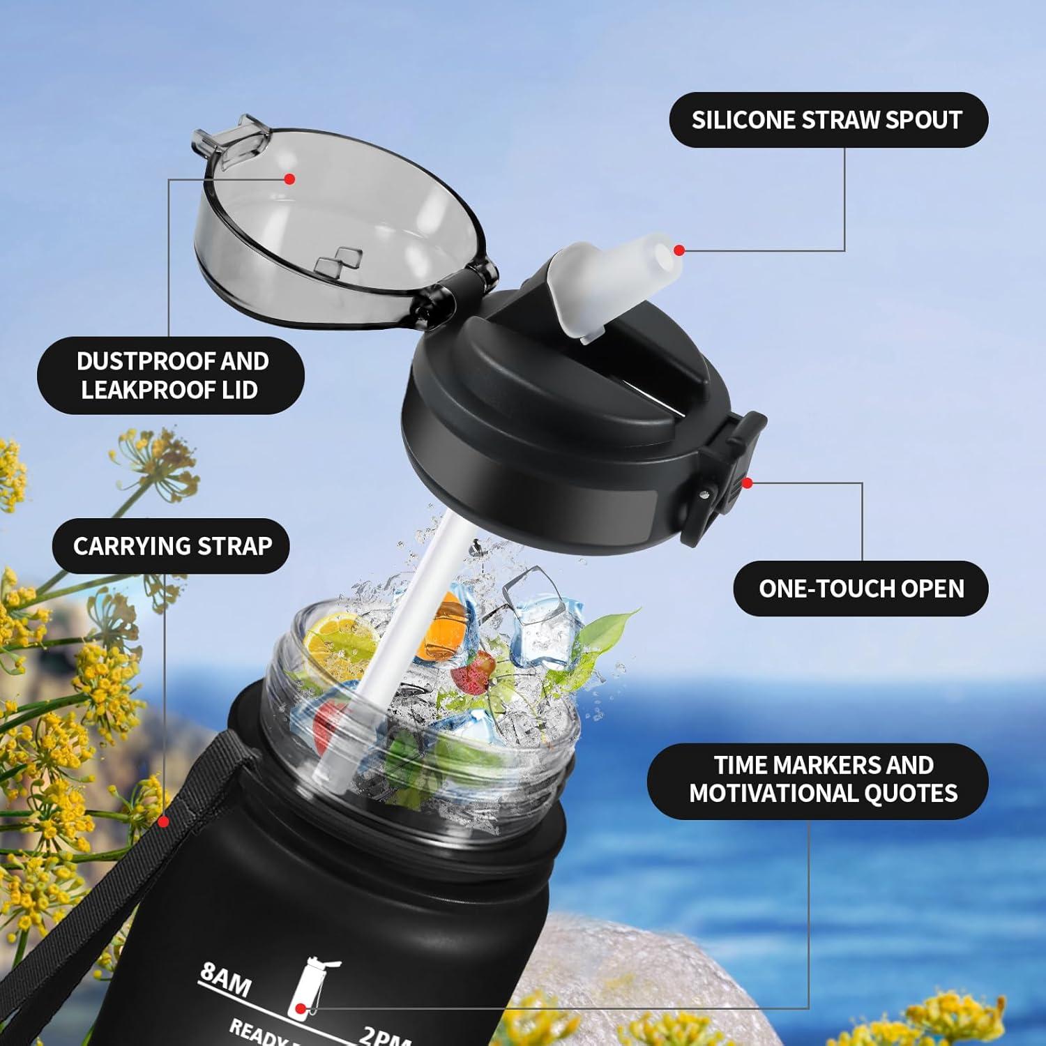 image:imageGourde 1L Gourde avec Sport Paille AntiFuite ampamp Rutilisable Bouteille deau Motivante avec Marquages de Temps Facile Nettoyer Bouteille Gradue pour Voyage Randonne Cyclisme Fitness32oz1000ml Paille Noir Rouge