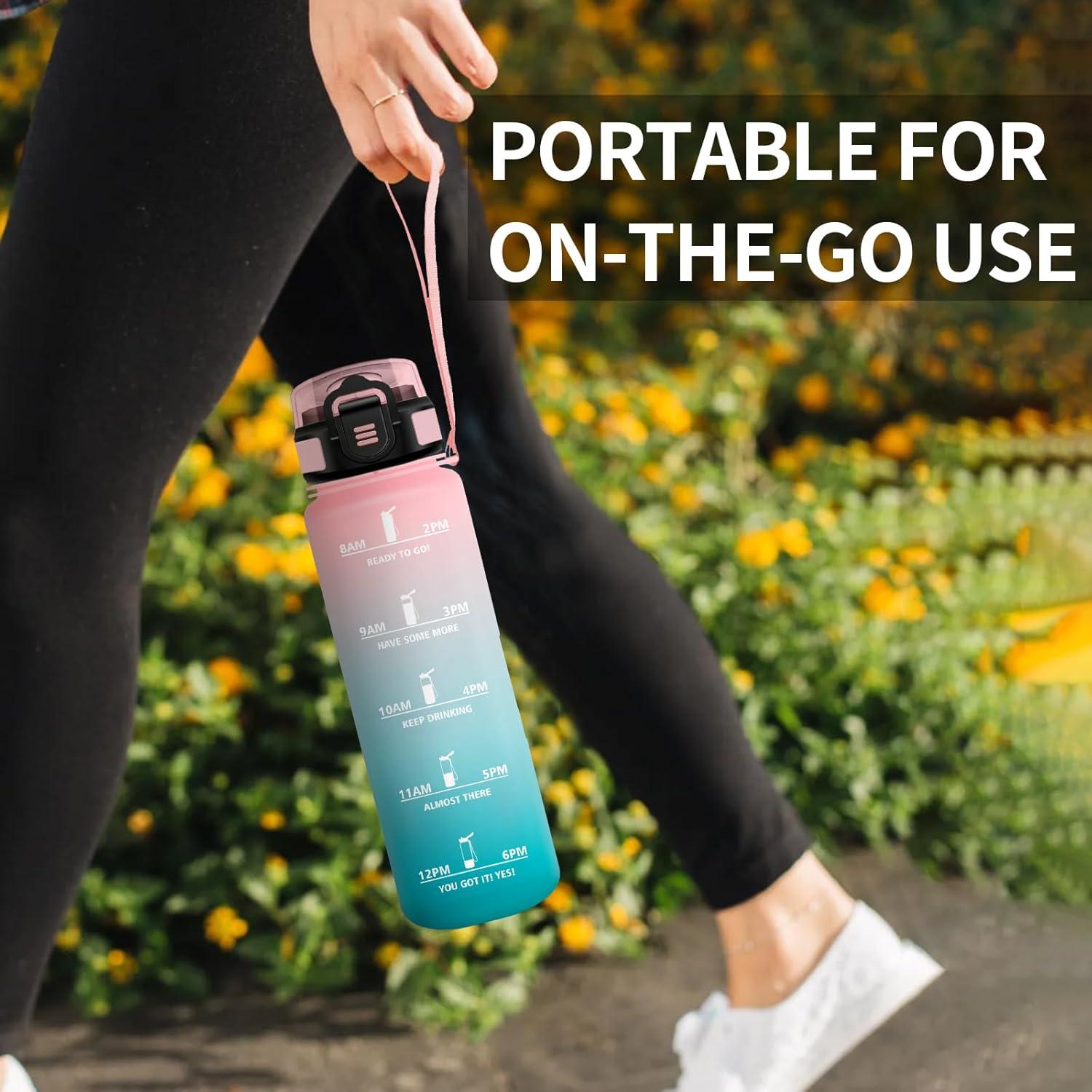 image:imageGourde 1L Gourde avec Sport Paille AntiFuite ampamp Rutilisable Bouteille deau Motivante avec Marquages de Temps Facile Nettoyer Bouteille Gradue pour Voyage Randonne Cyclisme Fitness32oz1000ml Paille Rose Cyan