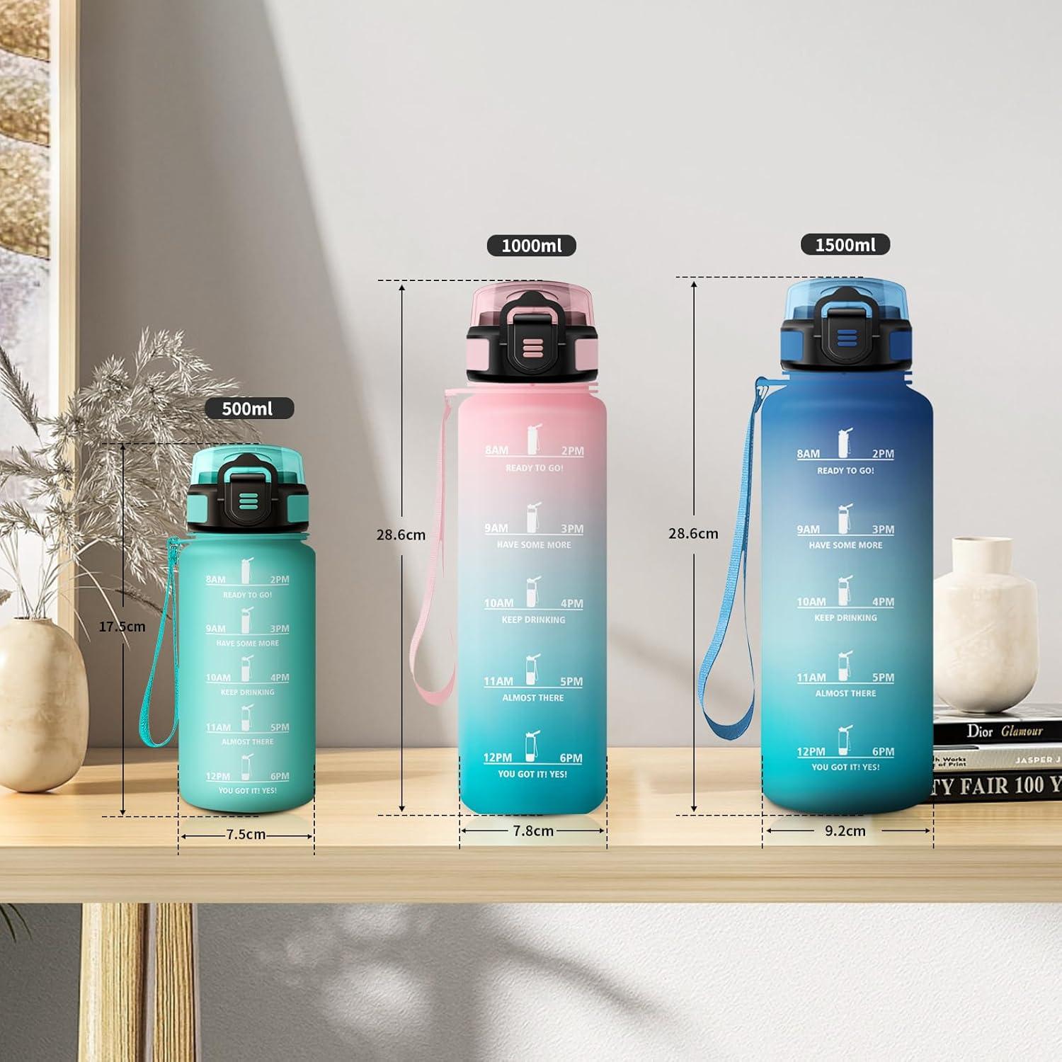 image:imageGourde 1L Gourde avec Sport Paille AntiFuite ampamp Rutilisable Bouteille deau Motivante avec Marquages de Temps Facile Nettoyer Bouteille Gradue pour Voyage Randonne Cyclisme Fitness17oz500ml Paille Mat Bleuvert