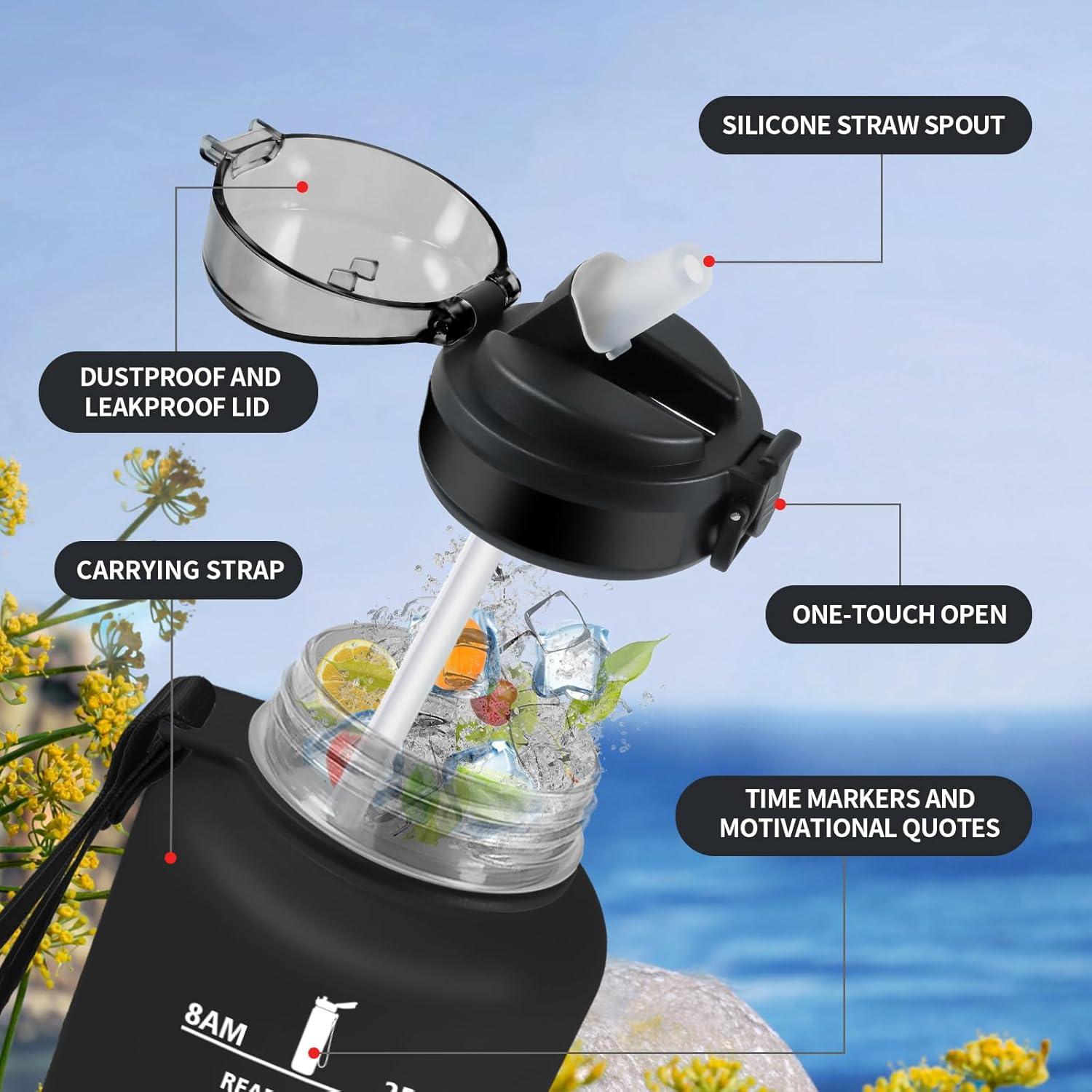 image:imageGourde 1L Gourde avec Sport Paille AntiFuite ampamp Rutilisable Bouteille deau Motivante avec Marquages de Temps Facile Nettoyer Bouteille Gradue pour Voyage Randonne Cyclisme Fitness50oz1500ml Paille Noir Rouge