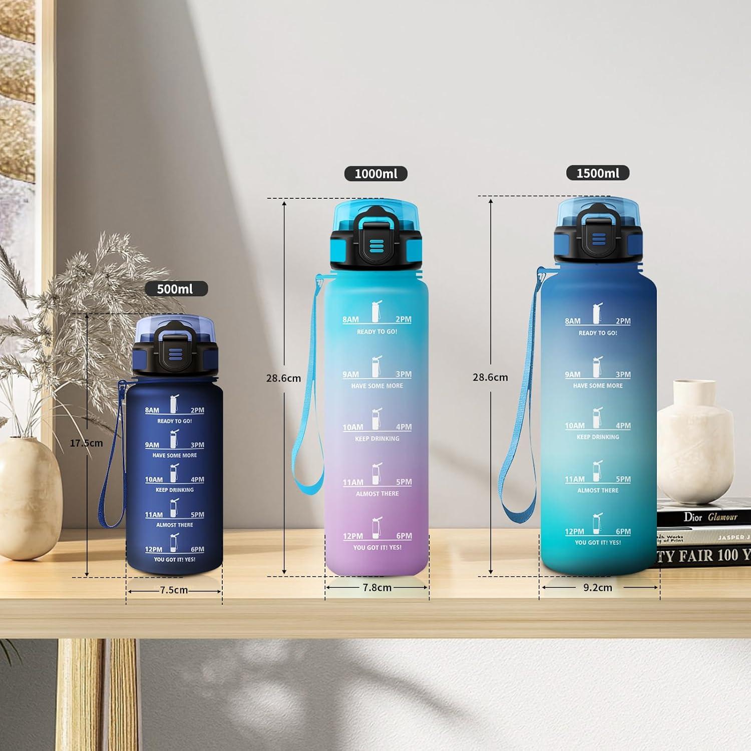 image:imageGourde 1L Gourde avec Sport Paille AntiFuite ampamp Rutilisable Bouteille deau Motivante avec Marquages de Temps Facile Nettoyer Bouteille Gradue pour Voyage Randonne Cyclisme Fitness17oz500ml Paille Mat Marine Bleu