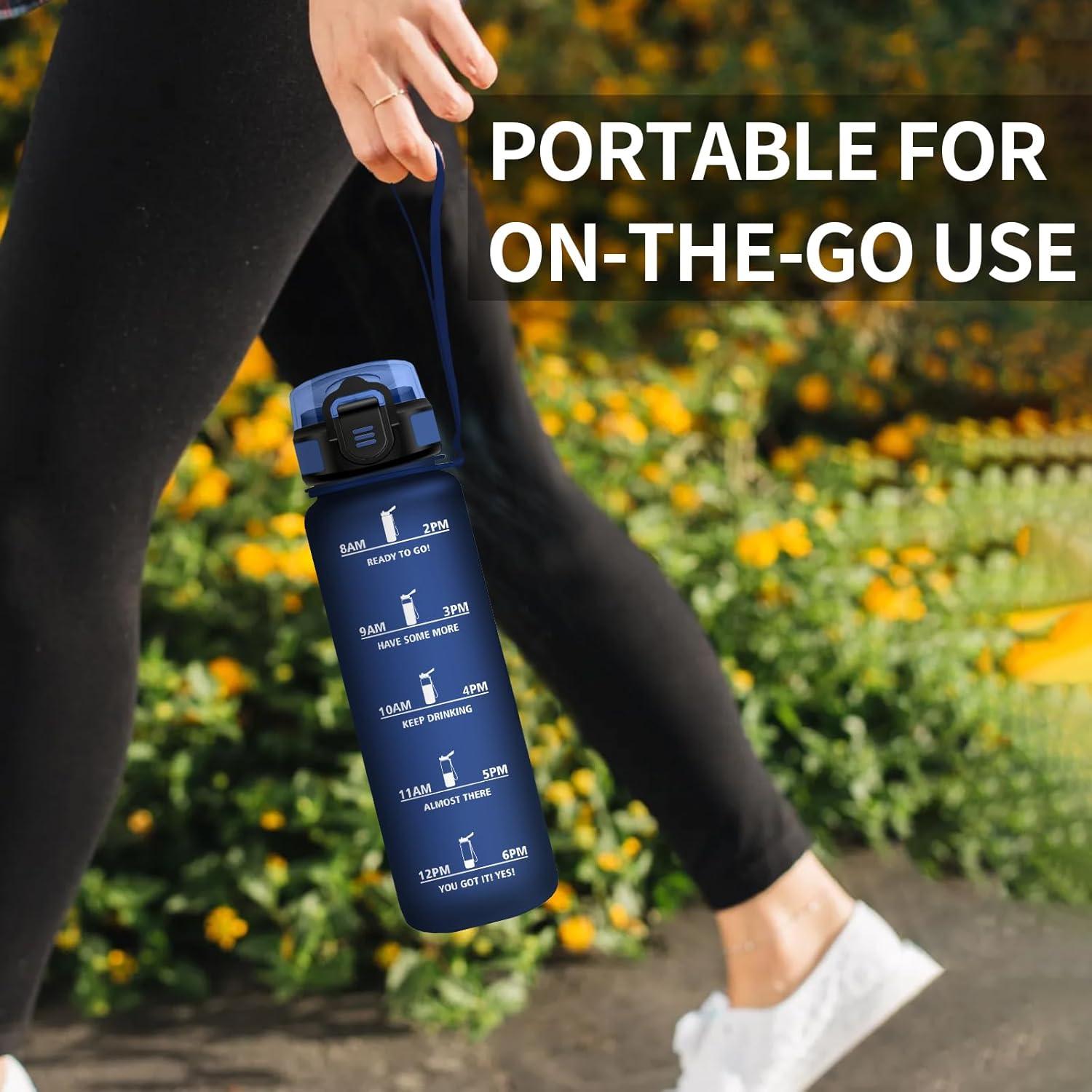 image:imageGourde 1L Gourde avec Sport Paille AntiFuite ampamp Rutilisable Bouteille deau Motivante avec Marquages de Temps Facile Nettoyer Bouteille Gradue pour Voyage Randonne Cyclisme Fitness32oz1000ml Paille Mat Marine Bleu