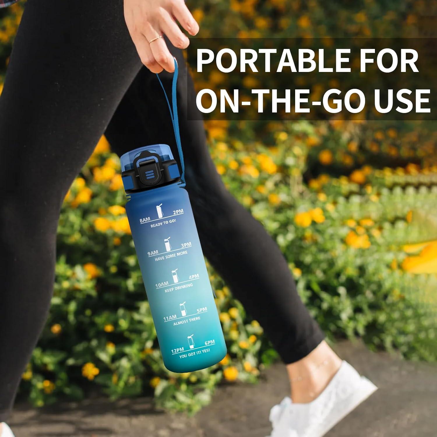 image:imageGourde 1L Gourde avec Sport Paille AntiFuite ampamp Rutilisable Bouteille deau Motivante avec Marquages de Temps Facile Nettoyer Bouteille Gradue pour Voyage Randonne Cyclisme Fitness32oz1000ml Paille Bleu Vert