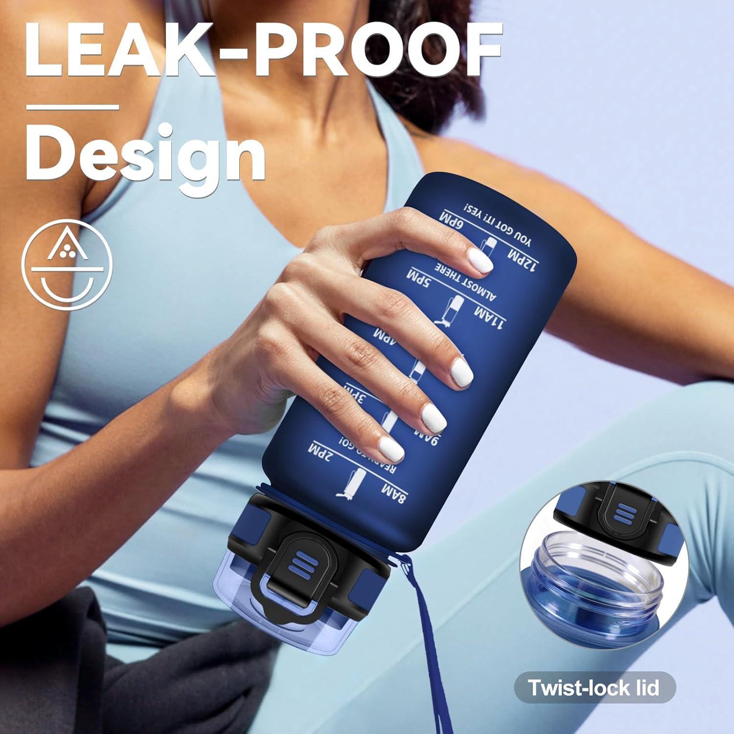 image:imageGourde 1L Gourde avec Sport Paille AntiFuite ampamp Rutilisable Bouteille deau Motivante avec Marquages de Temps Facile Nettoyer Bouteille Gradue pour Voyage Randonne Cyclisme Fitness17oz500ml Paille Mat Marine Bleu
