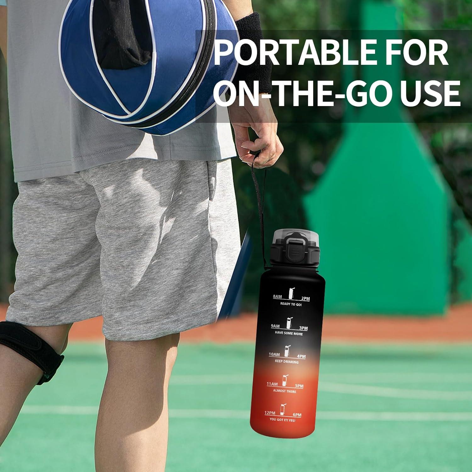 image:imageGourde 1L Gourde avec Sport Paille AntiFuite ampamp Rutilisable Bouteille deau Motivante avec Marquages de Temps Facile Nettoyer Bouteille Gradue pour Voyage Randonne Cyclisme Fitness50oz1500ml Paille Noir Rouge