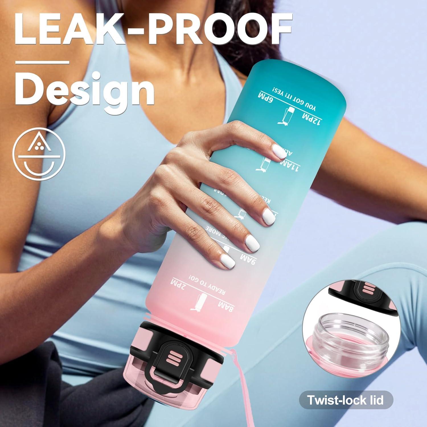 image:imageGourde 1L Gourde avec Sport Paille AntiFuite ampamp Rutilisable Bouteille deau Motivante avec Marquages de Temps Facile Nettoyer Bouteille Gradue pour Voyage Randonne Cyclisme Fitness32oz1000ml Paille Rose Cyan