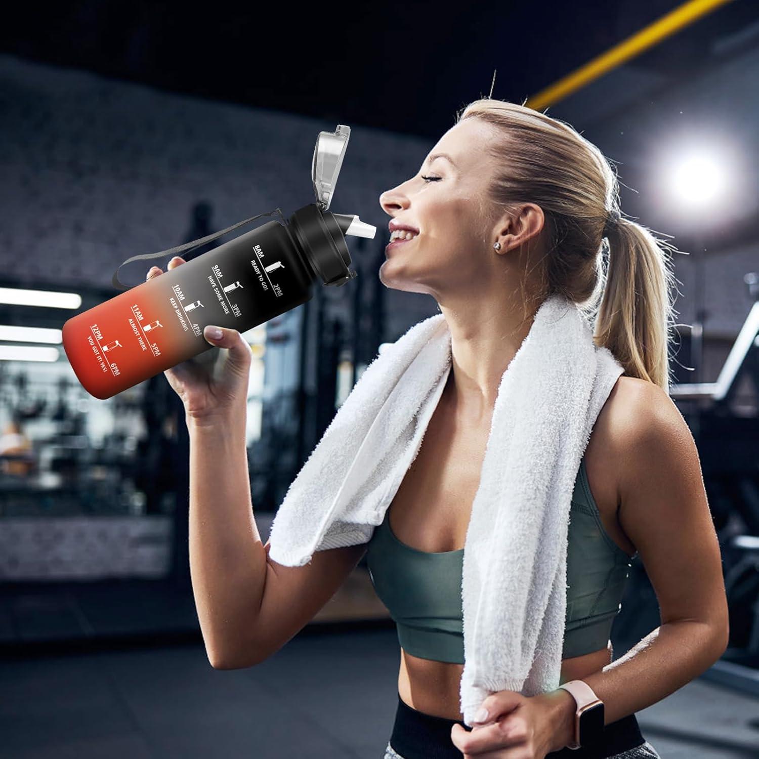 image:imageGourde 1L Gourde avec Sport Paille AntiFuite ampamp Rutilisable Bouteille deau Motivante avec Marquages de Temps Facile Nettoyer Bouteille Gradue pour Voyage Randonne Cyclisme Fitness32oz1000ml Paille Noir Rouge