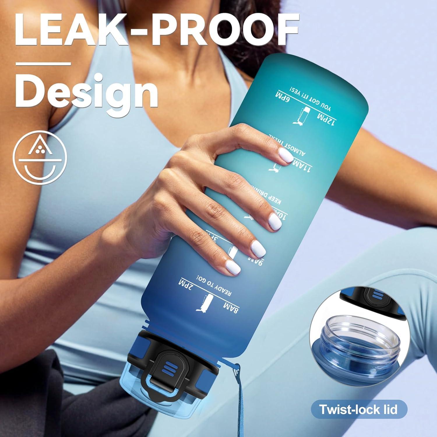 image:imageGourde 1L Gourde avec Sport Paille AntiFuite ampamp Rutilisable Bouteille deau Motivante avec Marquages de Temps Facile Nettoyer Bouteille Gradue pour Voyage Randonne Cyclisme Fitness50oz1500ml Paille Bleu Vert