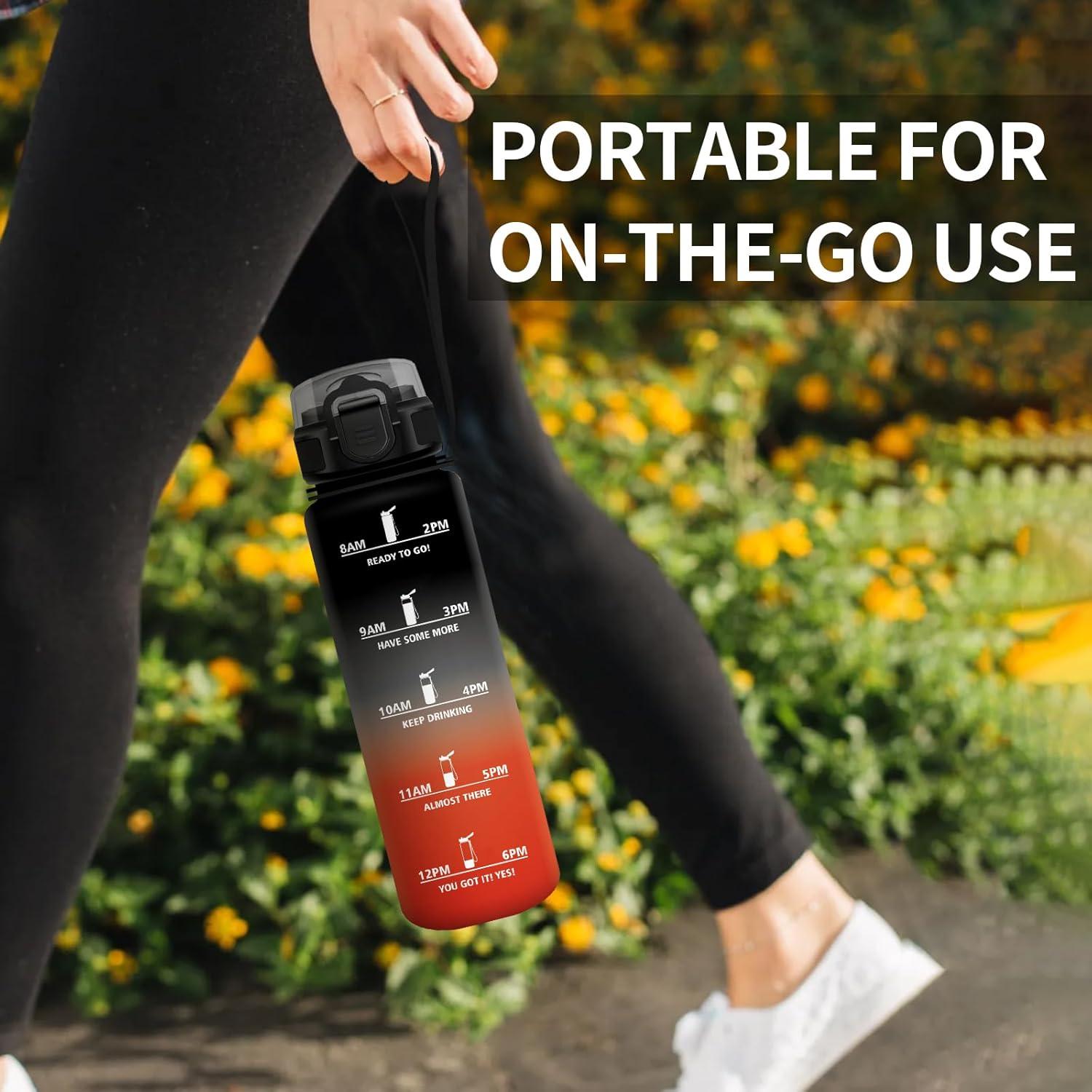 image:imageGourde 1L Gourde avec Sport Paille AntiFuite ampamp Rutilisable Bouteille deau Motivante avec Marquages de Temps Facile Nettoyer Bouteille Gradue pour Voyage Randonne Cyclisme Fitness32oz1000ml Paille Noir Rouge