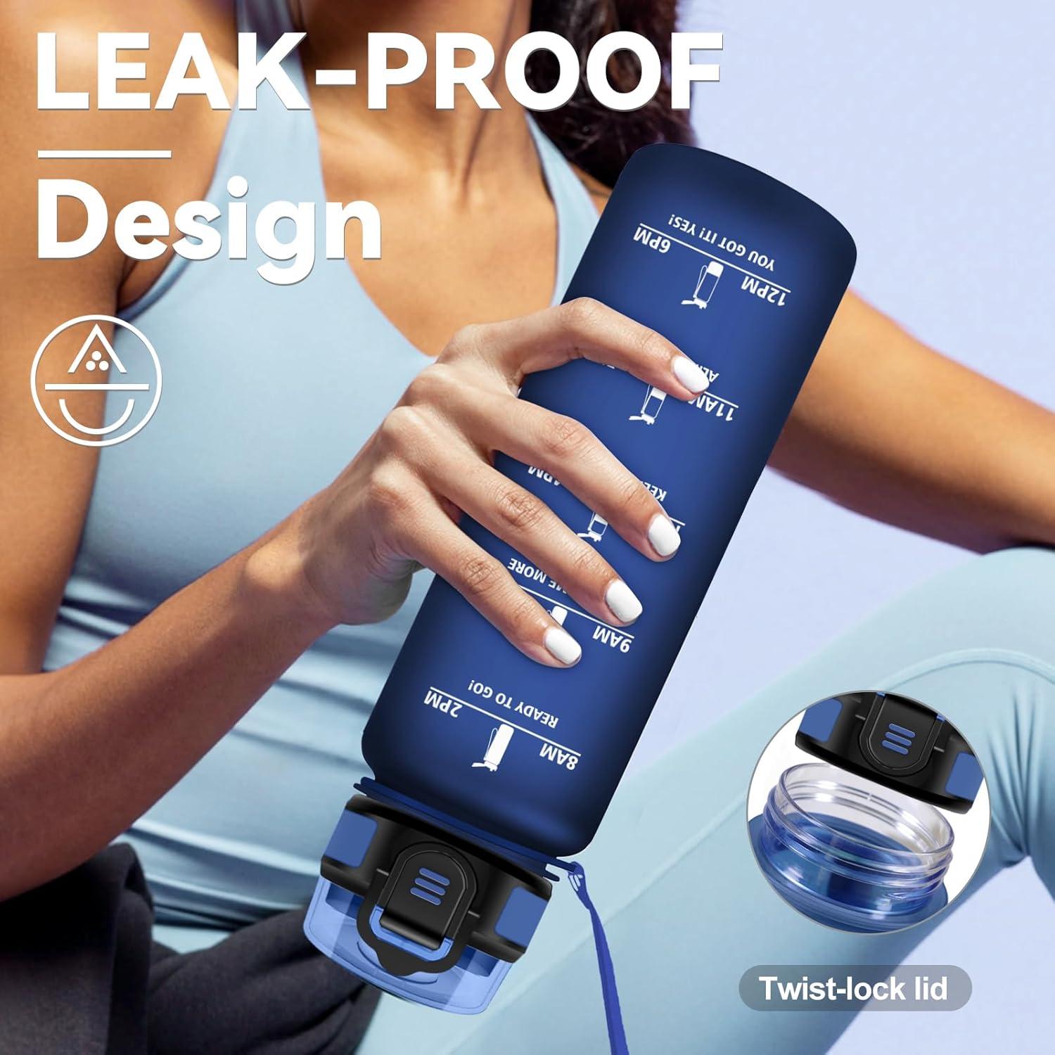 image:imageGourde 1L Gourde avec Sport Paille AntiFuite ampamp Rutilisable Bouteille deau Motivante avec Marquages de Temps Facile Nettoyer Bouteille Gradue pour Voyage Randonne Cyclisme Fitness32oz1000ml Paille Mat Marine Bleu